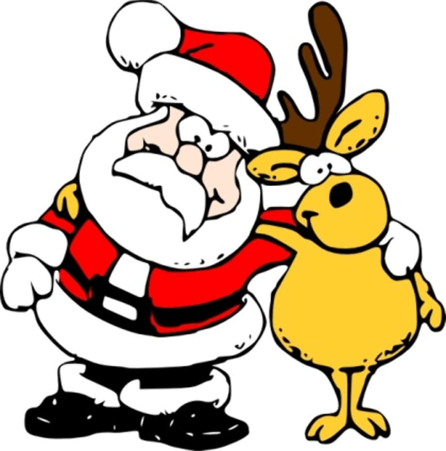 Cartoon 桌布 壁紙 — 聖誕老人身穿紅色西裝，在白色背景前擁抱一隻快樂的黃色馴鹿，馴鹿有棕色鹿角。
