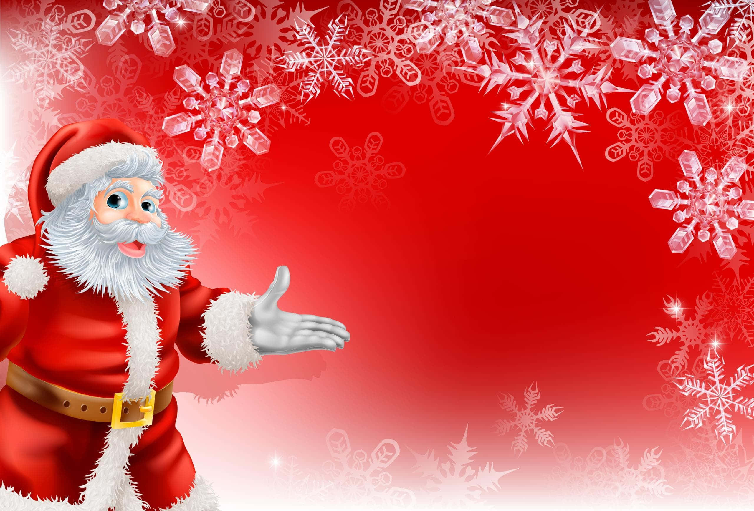 Santa Claus HD 桌布 壁紙 — 聖誕老人身穿紅色西裝，在裝飾著閃爍雪花的節日紅色背景前熱情地做手勢。