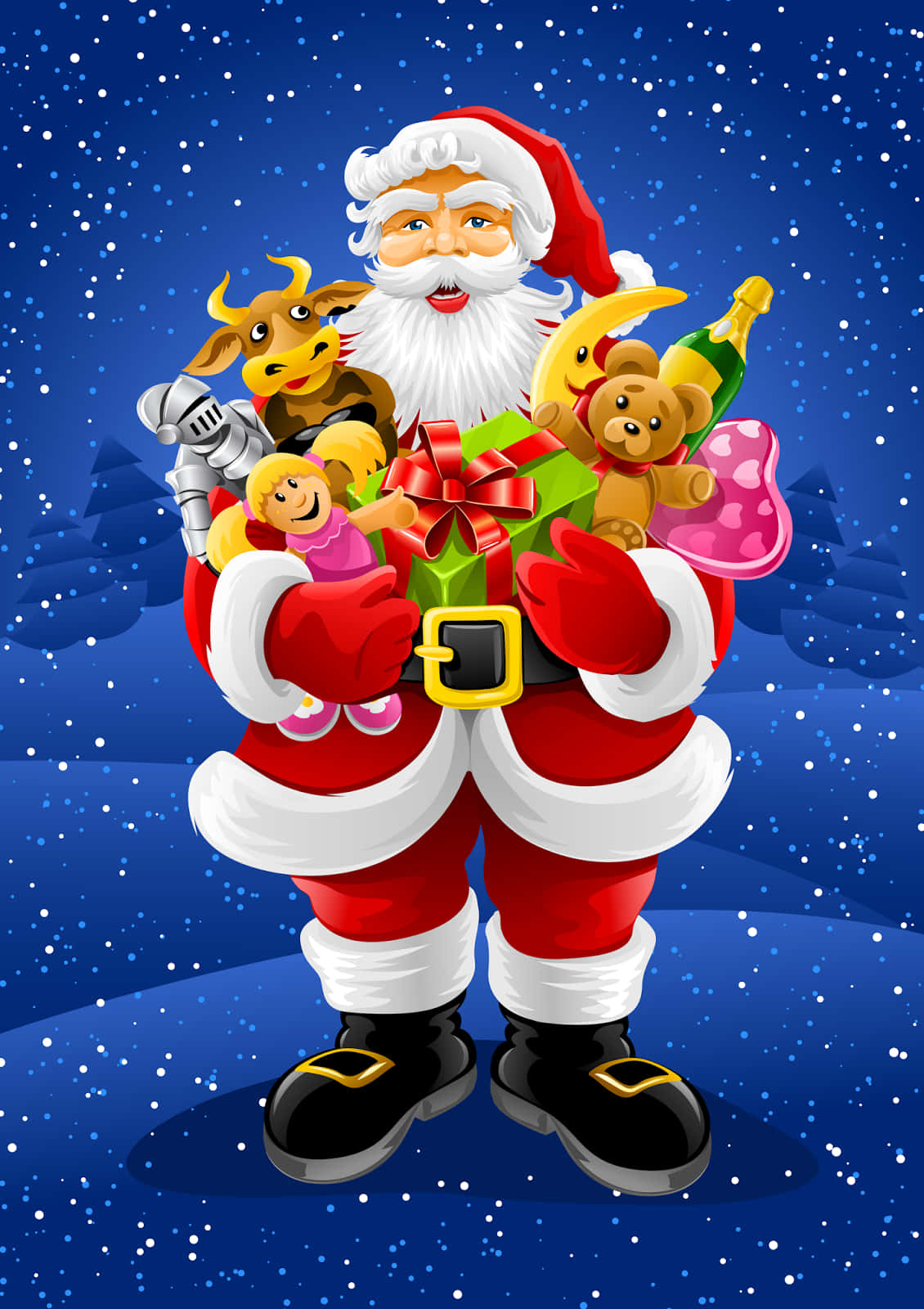 Santa Claus HD 桌布 壁紙 — 聖誕老人身穿紅色西裝，在雪夜天空下，手持一個被玩具包圍的巨大禮物盒。