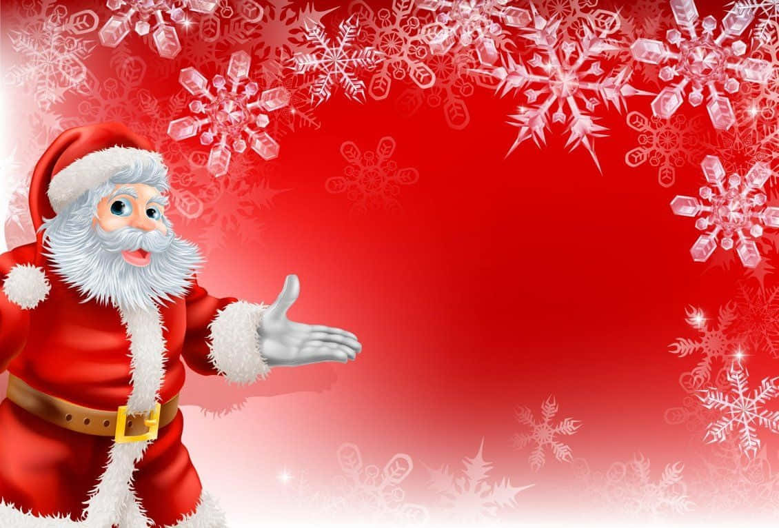 Santa 桌布 壁紙 — 聖誕老人身穿紅色西裝，在飾有閃亮白色雪花的鮮紅色背景前熱情地做手勢。