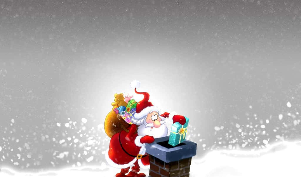 搞笑聖誕 桌布 壁紙 — 聖誕老人身穿紅色西裝，帶著禮物袋和禮物爬上煙囪，背景是雪景。