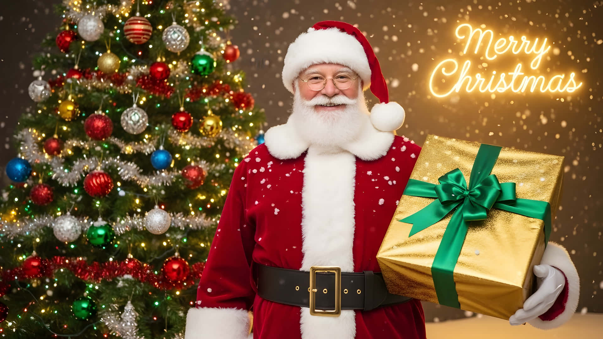 Santa Claus holds a gift in front of a Christmas tree 壁紙 — 聖誕老人身穿紅色西裝，手持金色禮物盒，旁邊是閃爍的聖誕樹，掛滿色彩繽紛的裝飾。