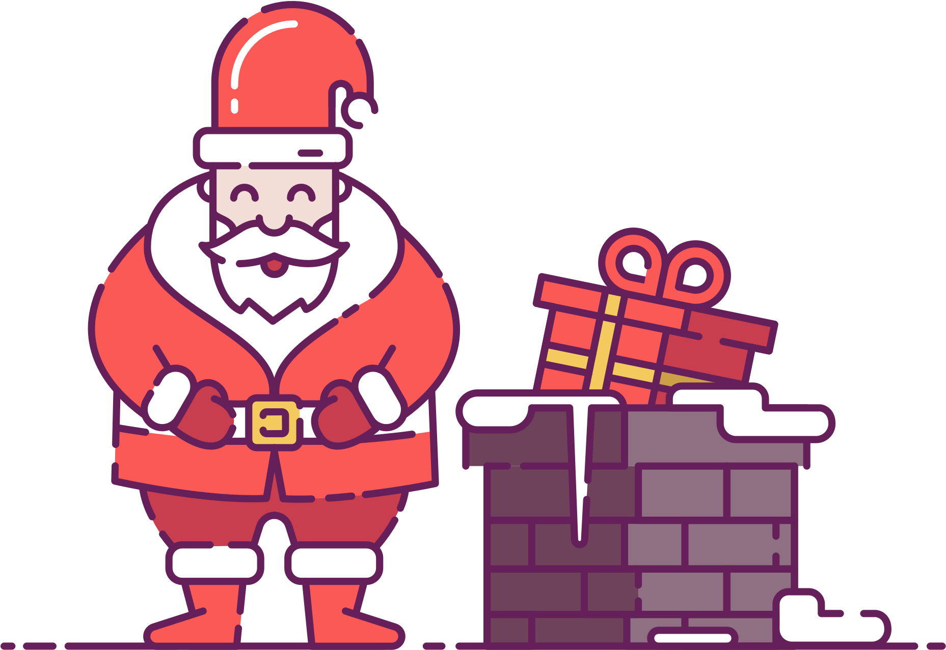 Christmas Clip Art 桌布 壁紙 — 聖誕老人身穿紅色西裝，站在磚砌煙囪旁，煙囪頂上放著一份包裝好的禮物，背景為黑色。