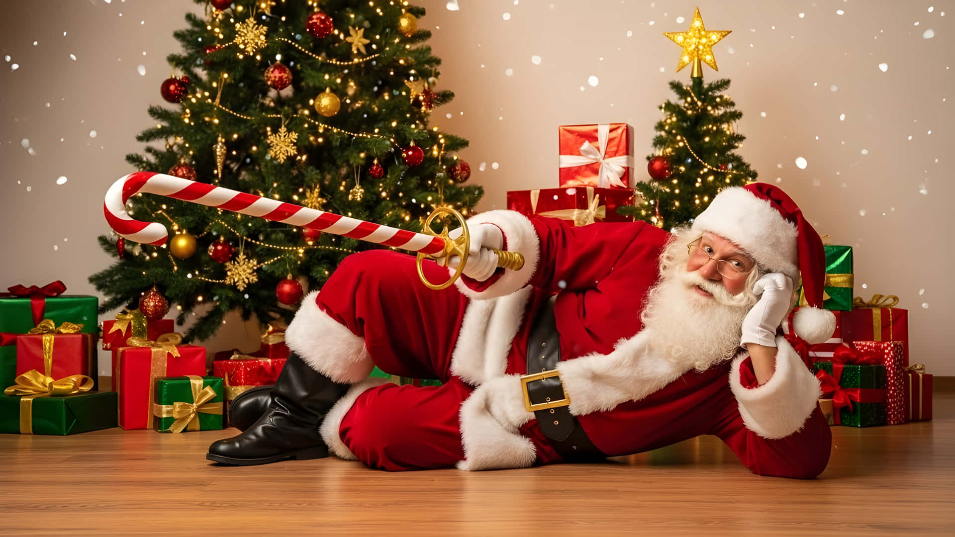 Santa Claus relaxing with candy cane 壁紙 — 聖誕老人躺在木地板上，手持拐杖糖劍，周圍是裝飾好的聖誕樹和包裝好的禮物。