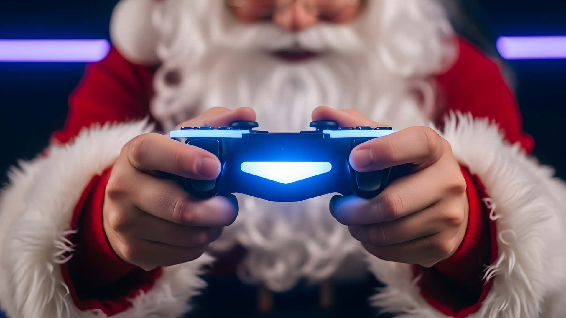 Santa Claus holding a video game controller 壁紙 — 聖誕老人雙手專注地握著一個發光的藍色電玩遊戲控制器，背景是帶有紫色霓虹燈的黑暗環境。