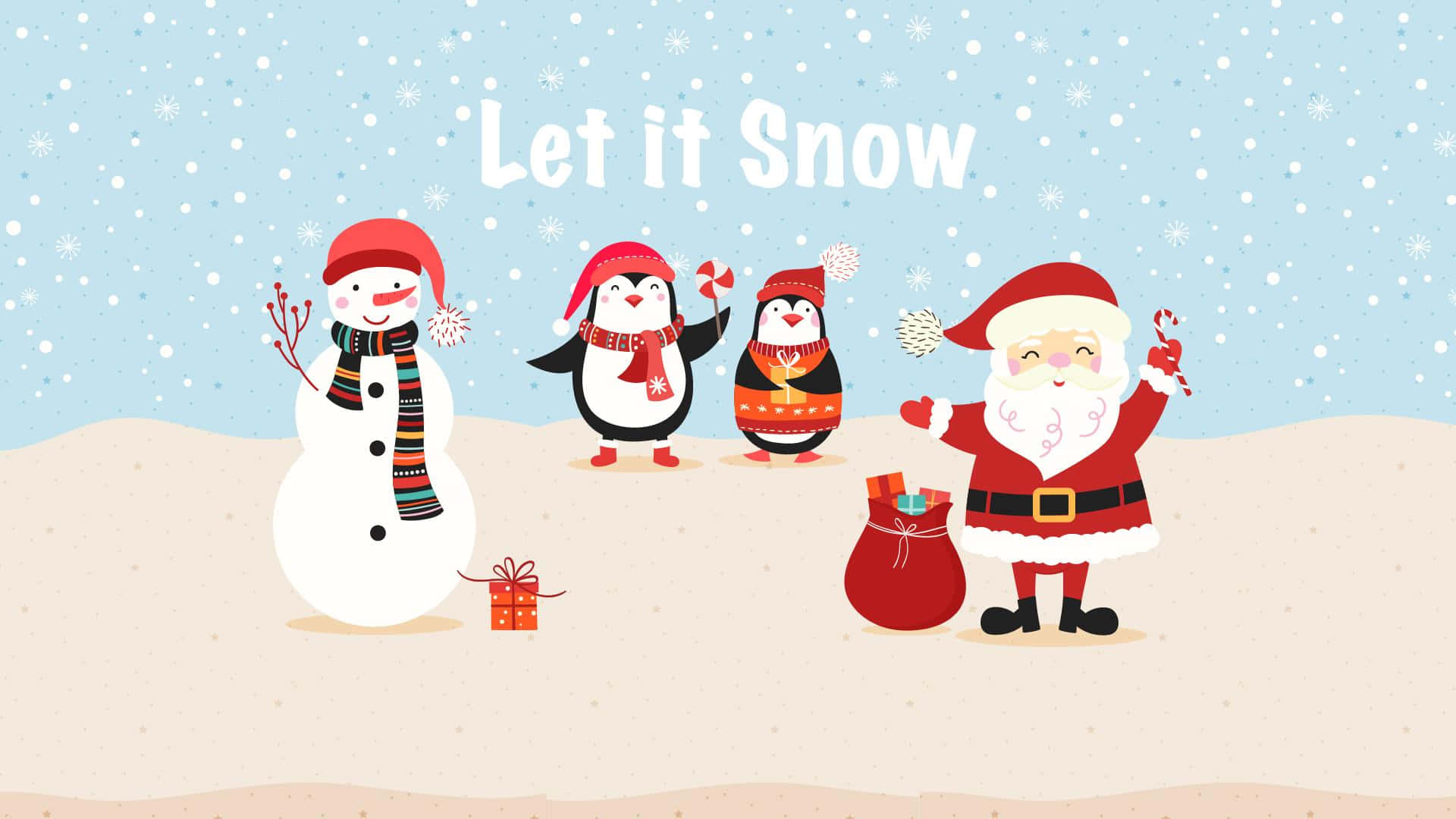 Cute Christmas Laptop 桌布 壁紙 — 聖誕老人雪人和企鵝穿著節日冬季裝備，在雪天下歡樂地慶祝降雪。