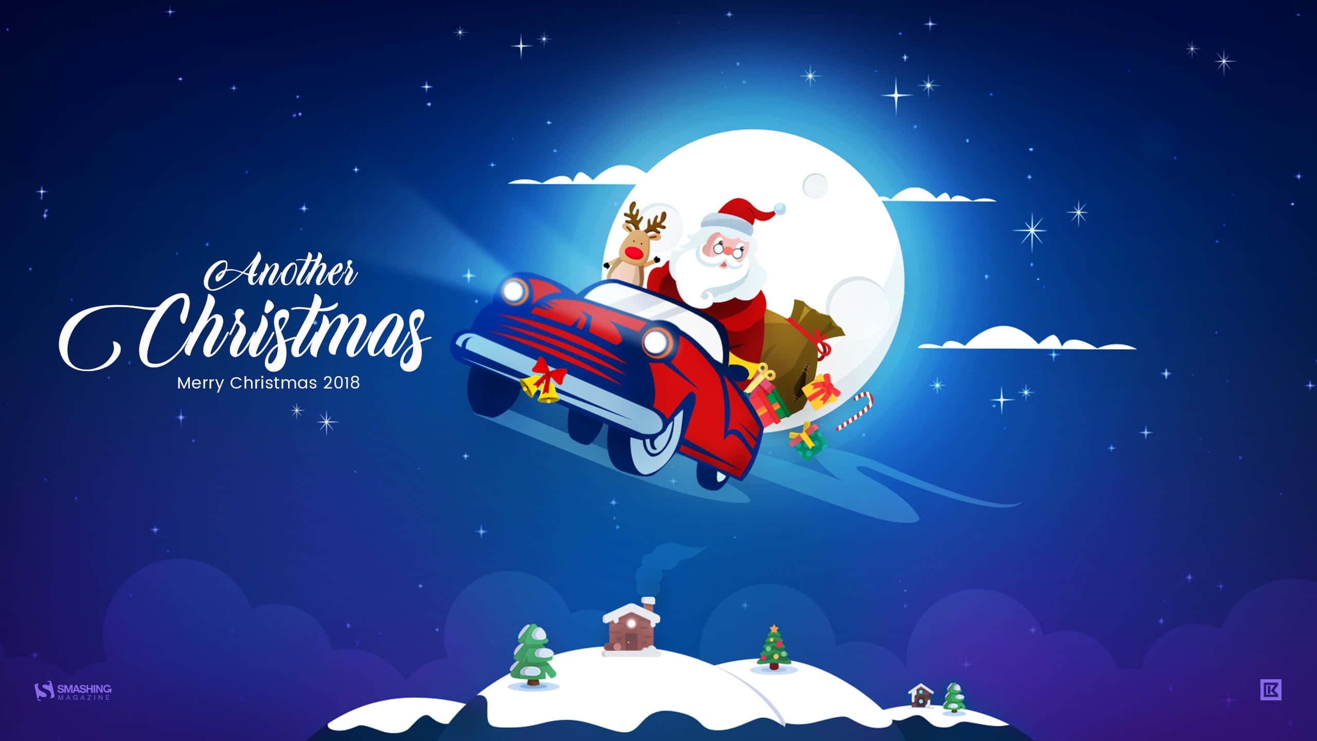 Santa Claus 桌布 壁紙 — 聖誕老人駕駛一輛紅色復古車，帶著一隻馴鹿，在滿月下的雪村上空穿過星光燦爛的夜空。