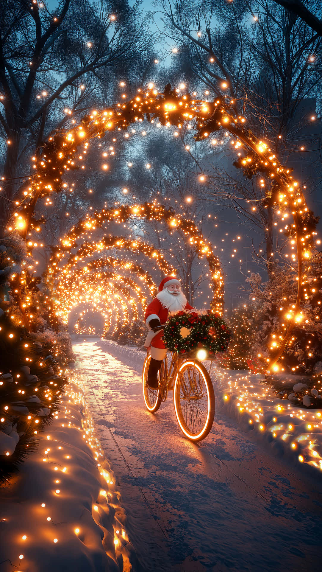santa claus Christmas Wallpapers 壁紙 — 聖誕老人騎腳踏車穿過一個被白雪覆蓋、裝飾著發光金色燈串的森林隧道。