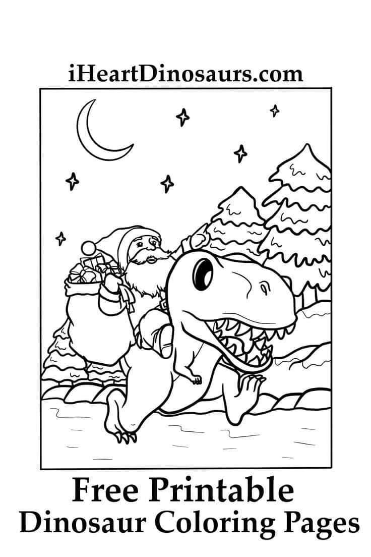 聖誕節 桌布 壁紙 — 聖誕老人騎著T-Rex穿過雪地森林，在彎月和星星下。