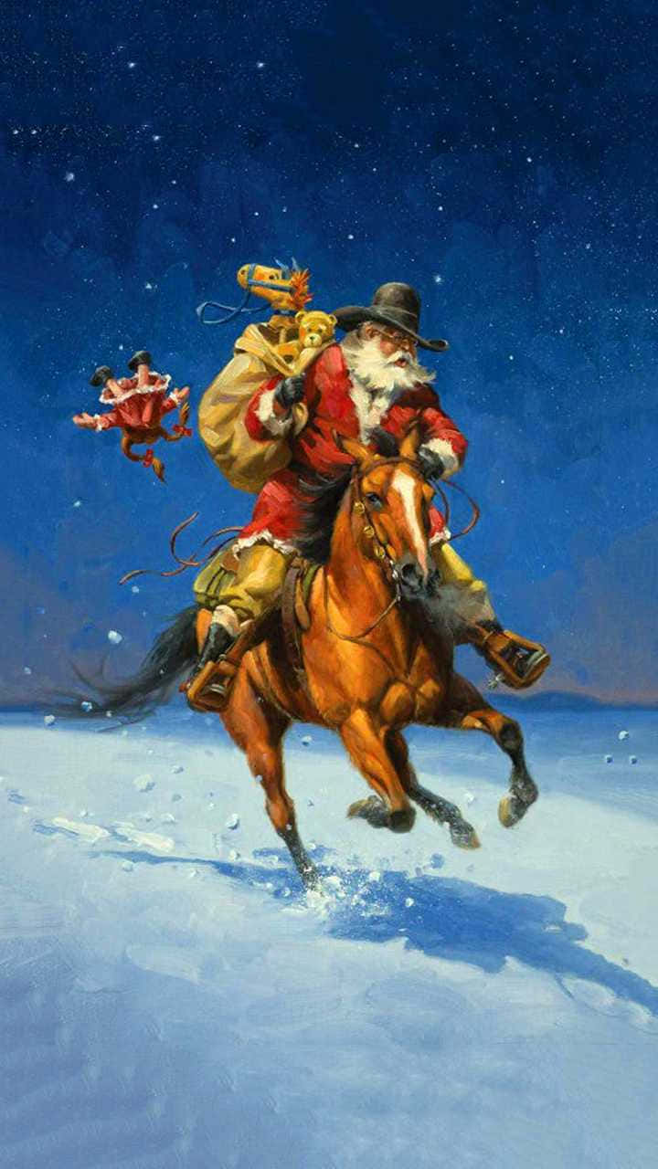 Cowboy Christmas 桌布 壁紙 — 聖誕老人騎著一匹奔騰的馬，在星夜下的雪地中奔馳，背著一袋禮物。