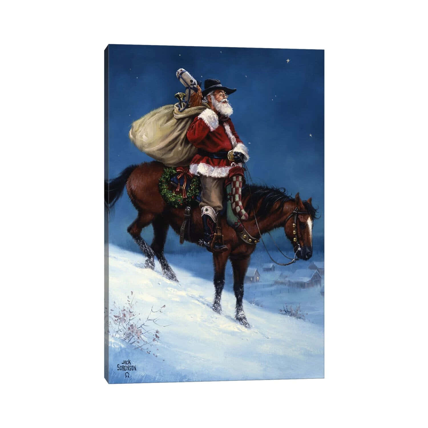 Cowboy Christmas 桌布 壁紙 — 聖誕老人騎著一匹棕馬，在繁星點點的夜空下，穿過白雪皚皚的山丘，背著一個大禮物袋。