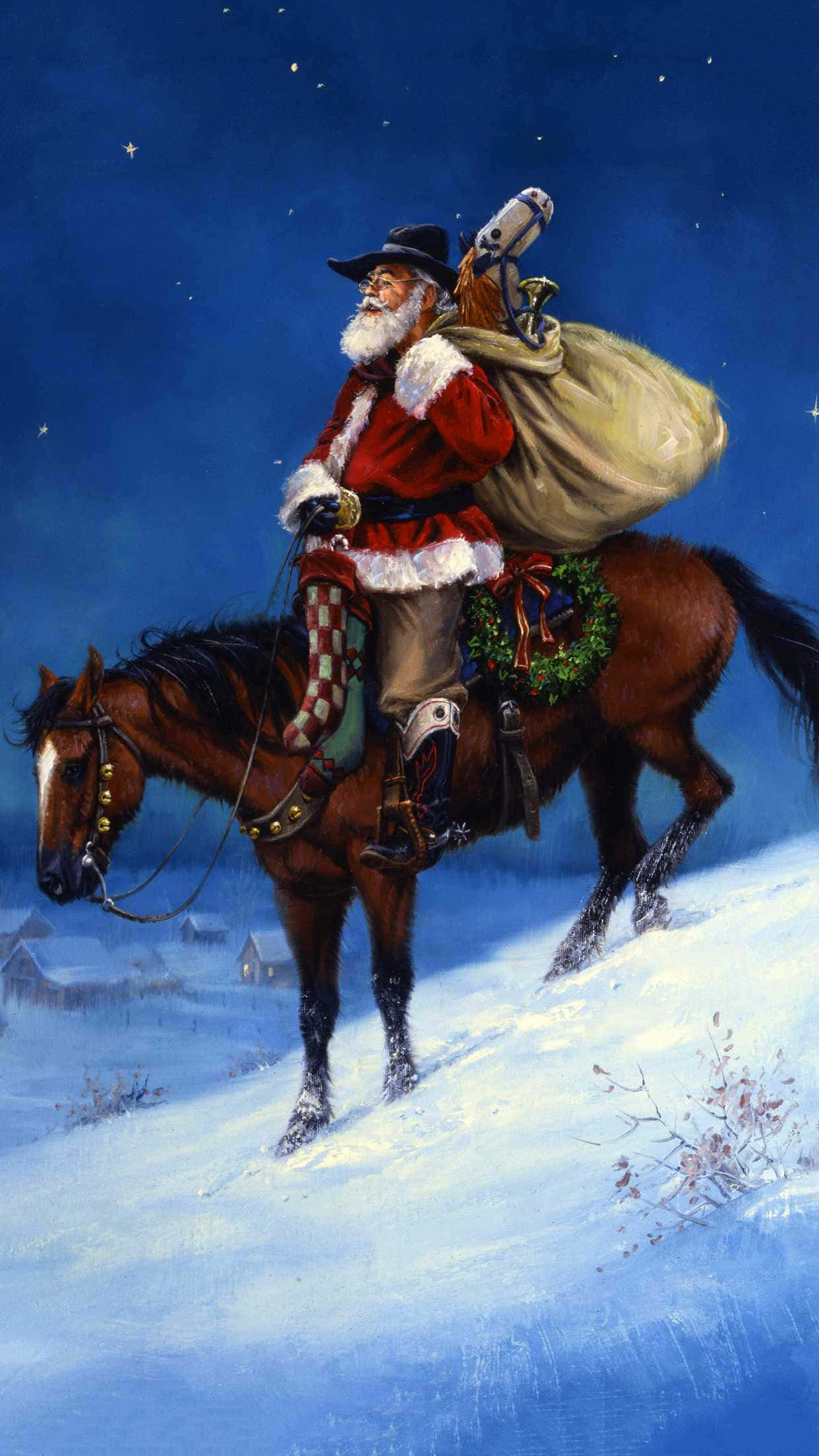 Cowboy Christmas 桌布 壁紙 — 聖誕老人騎著一匹棕馬穿過雪地風景，在繁星點點的夜空下，背著一個大禮物袋。