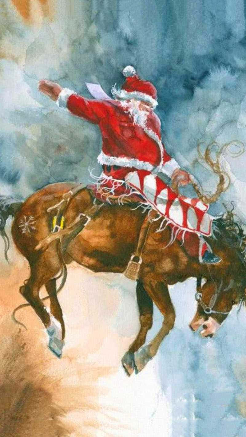 Cowboy Christmas 桌布 壁紙 — 聖誕老人騎著一匹棕馬穿過雪雲，動態水彩插圖。