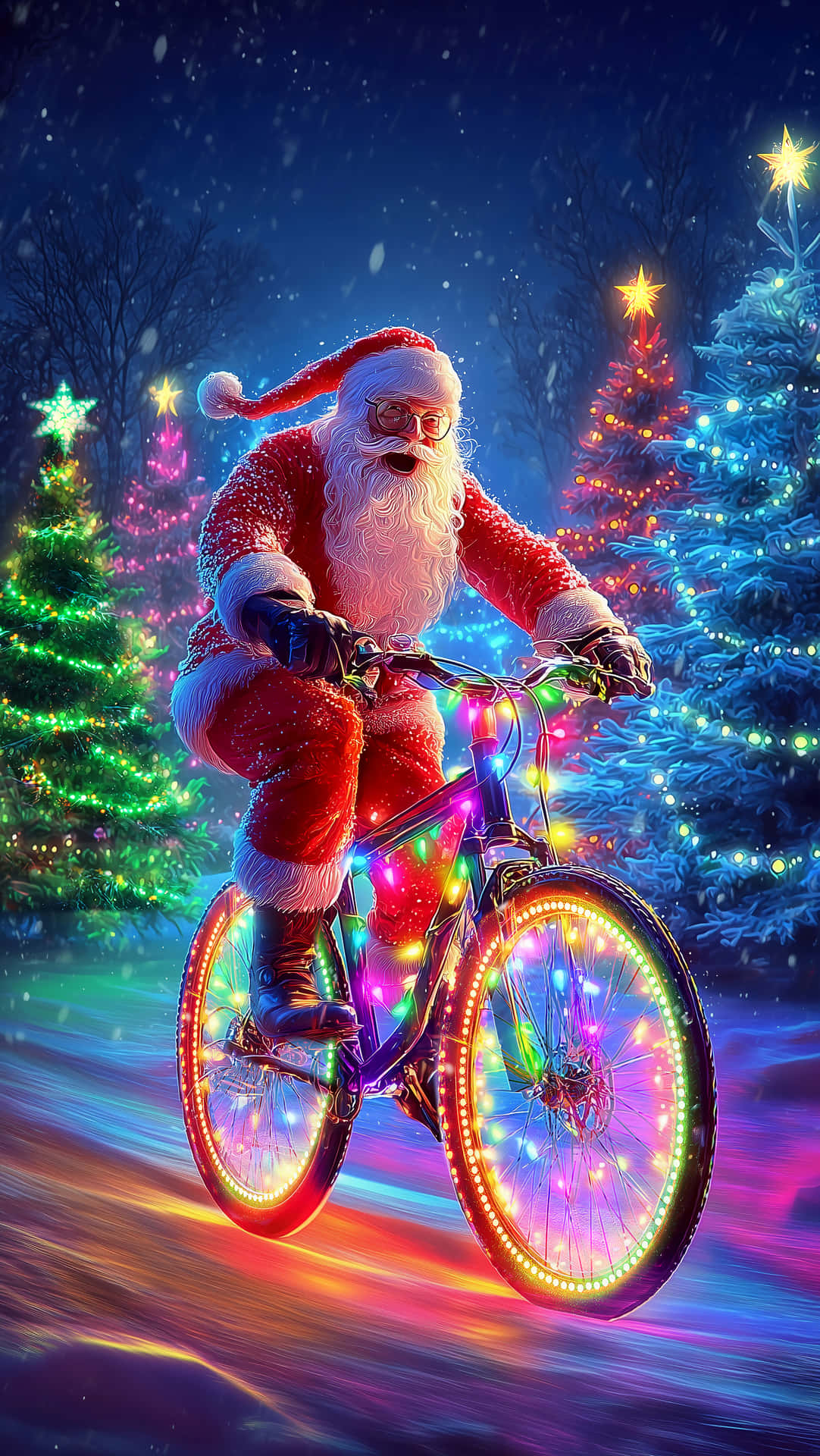 santa claus Christmas Wallpapers 壁紙 — 聖誕老人騎著一輛裝飾著彩虹燈的自行車，穿過一個有發光聖誕樹的雪夜。