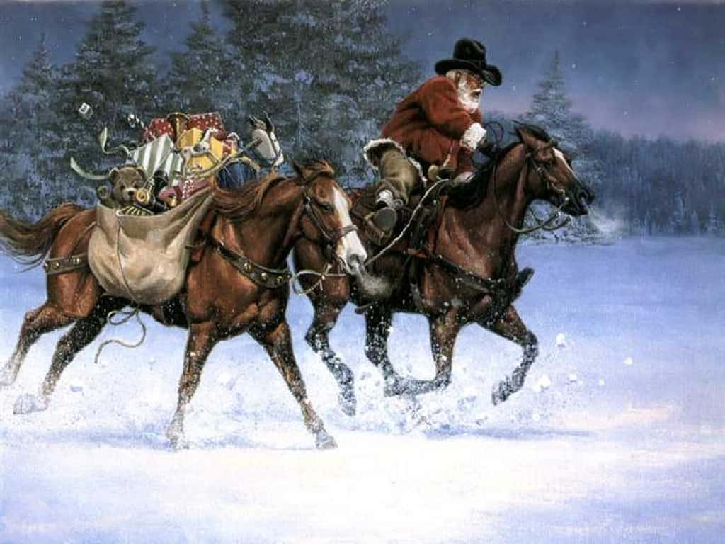 Cowboy Christmas 桌布 壁紙 — 聖誕老人騎著兩匹奔騰的棕色馬匹，穿過白雪覆蓋的森林，在黑暗的冬日天空下。
