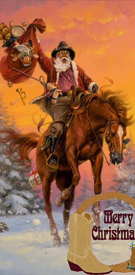 Cowboy Christmas 桌布 壁紙 — 聖誕老人騎著奔騰的馬穿過日落時分的雪地森林，帶著一袋玩具和一支喇叭。