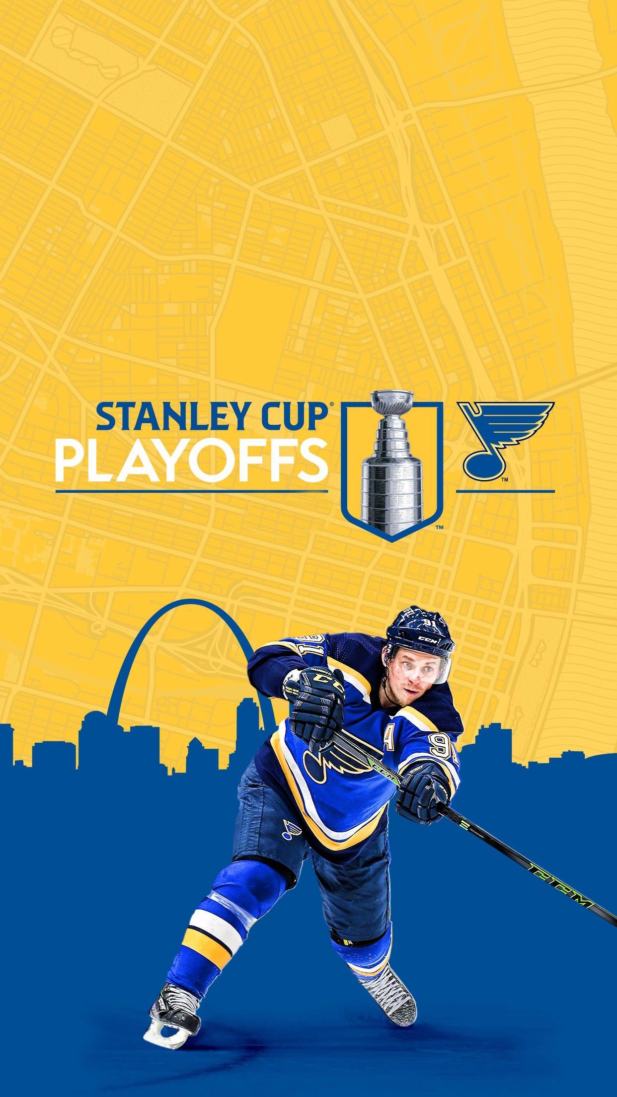 hockey 桌布 壁紙 — 聖路易斯藍調冰球運動員在黃色城市地圖背景下進行動作，並帶有史丹利盃季後賽品牌標識。