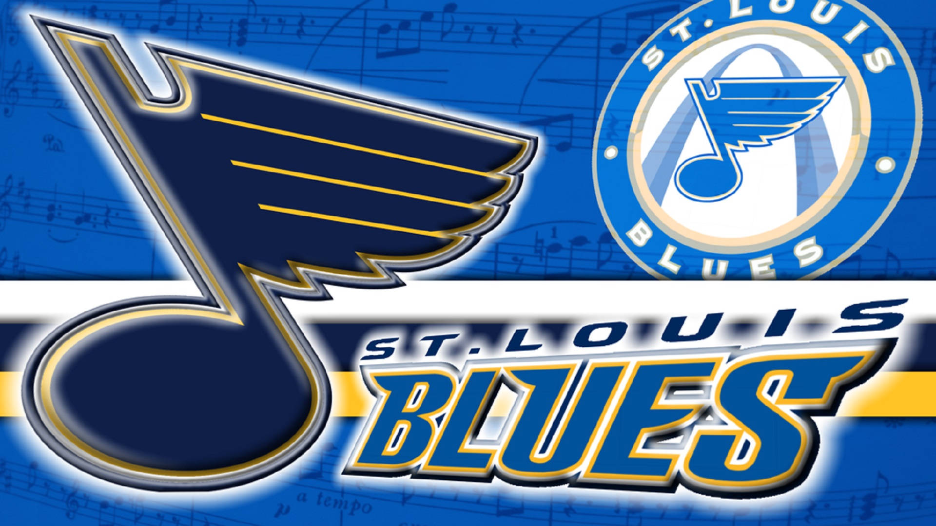 Blues 桌布 壁紙 — 聖路易斯藍調冰球隊標誌，藍色和金色音符背景。