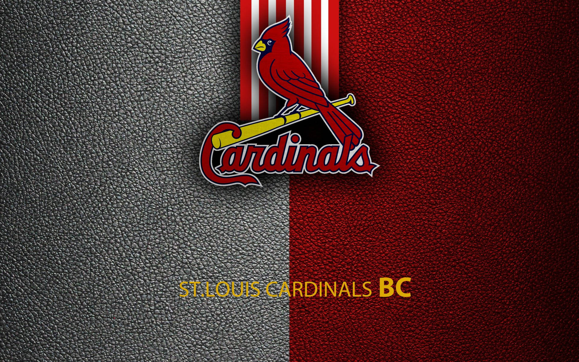 Cardinals 桌布 壁紙 — 聖路易紅雀棒球隊標誌，灰色和紅色紋理皮革背景上有一隻紅色紅雀棲息在球棒上。