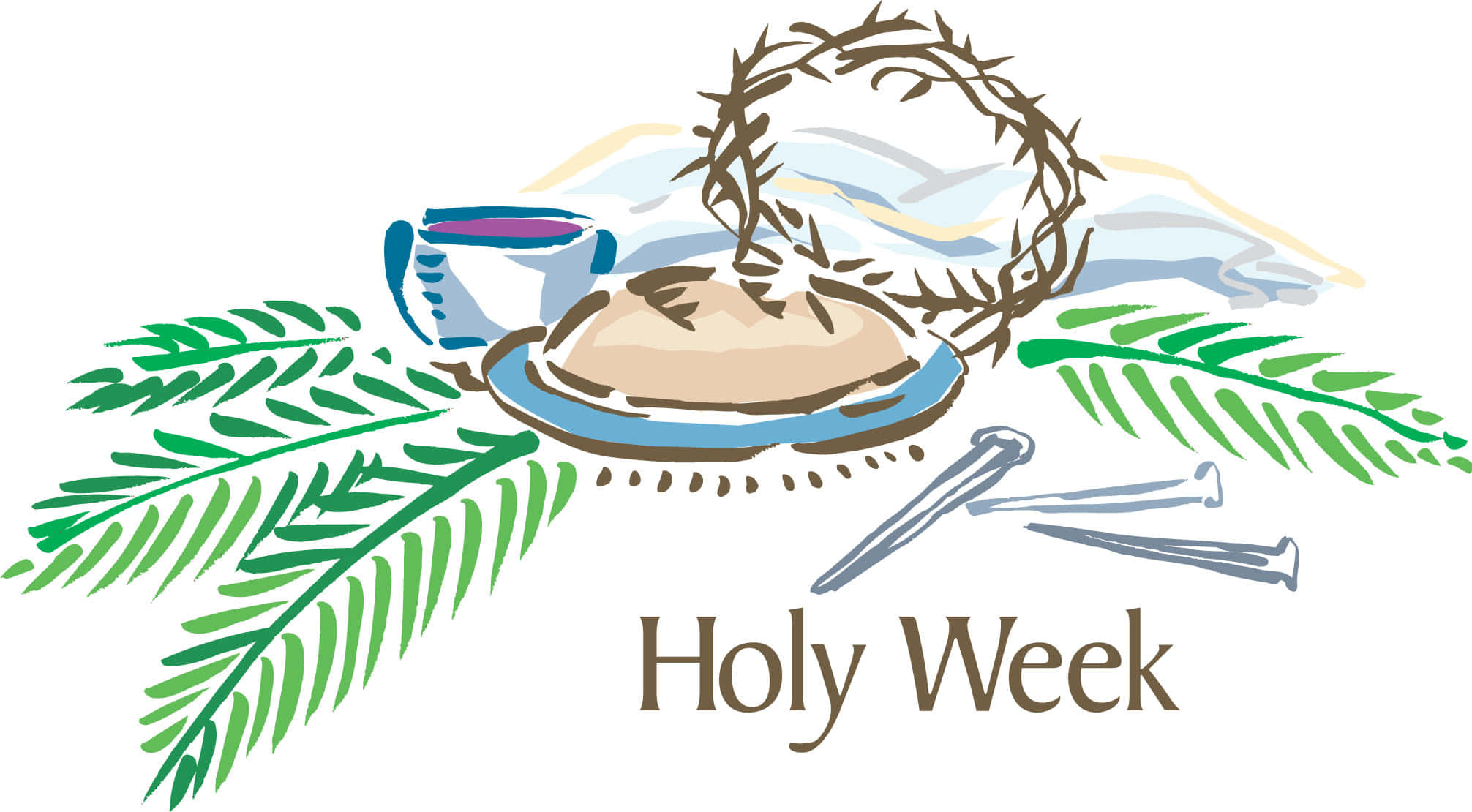 Holy Week 桌布 壁紙 — 聖週符號的插圖，包括荊棘冠冕、釘子、聖杯和棕櫚葉，圍繞一個盤子排列。