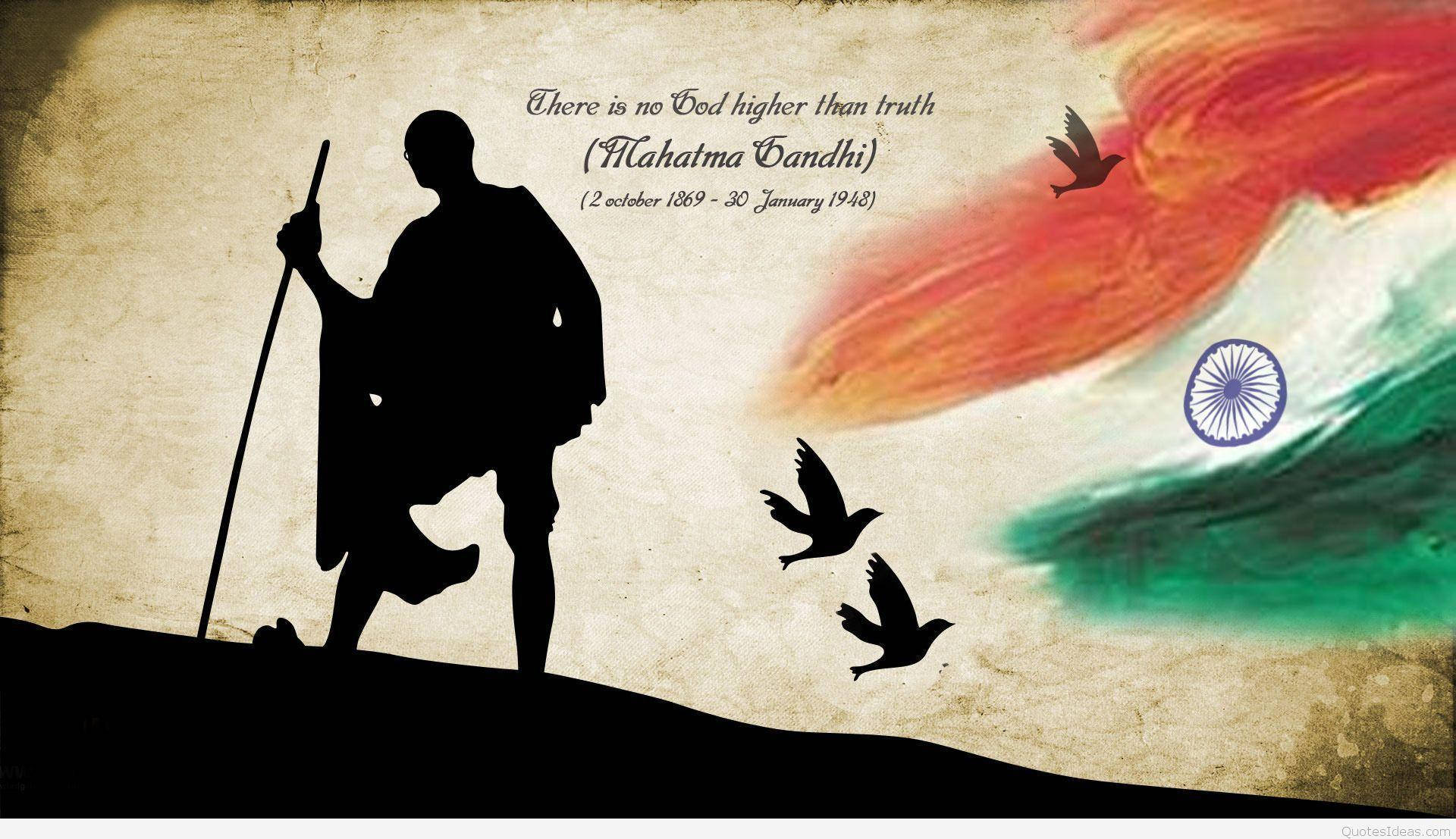 Mahatma Gandhi 桌布 壁紙 — 聖雄甘地手持枴杖行走的剪影，背景為帶有印度國旗色彩和飛鳥的紋理背景。