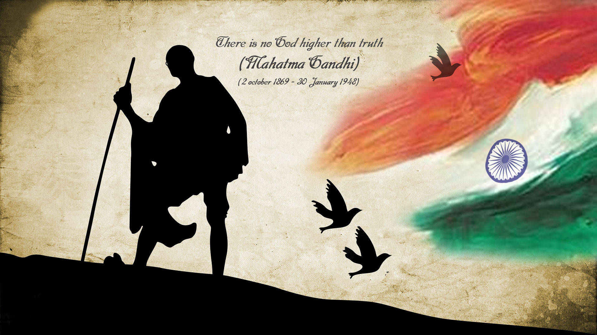 Mahatma Gandhi 桌布 壁紙 — 聖雄甘地拄著手杖行走的剪影，背景為印度國旗色彩和飛鳥的紋理背景。