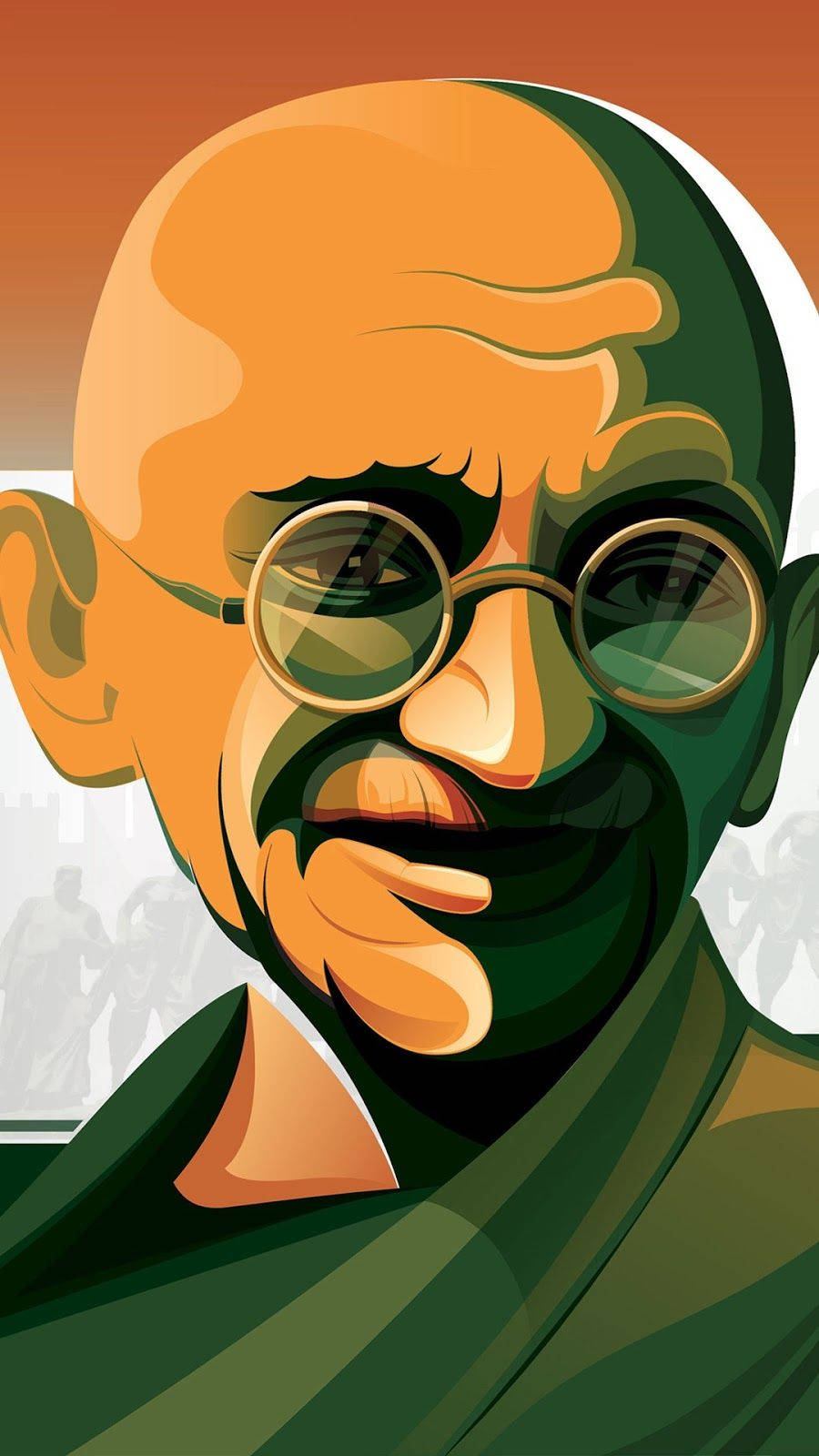 Mahatma Gandhi 桌布 壁紙 — 聖雄甘地的風格化肖像，戴著圓形眼鏡，表情平靜，背景為溫暖的漸變色。