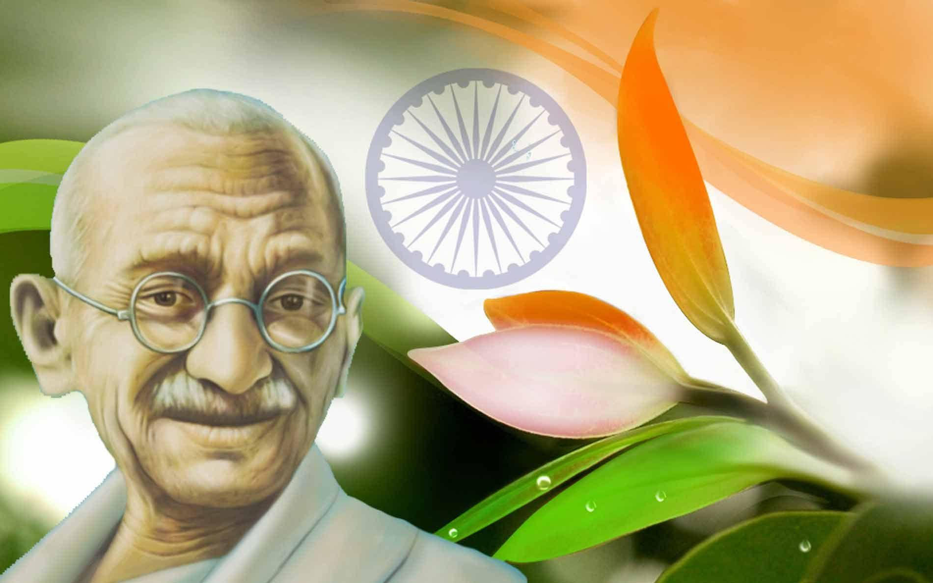 Mahatma Gandhi 桌布 壁紙 — 聖雄甘地肖像，帶有印度國旗圖案和盛開的蓮花，色調柔和溫暖。