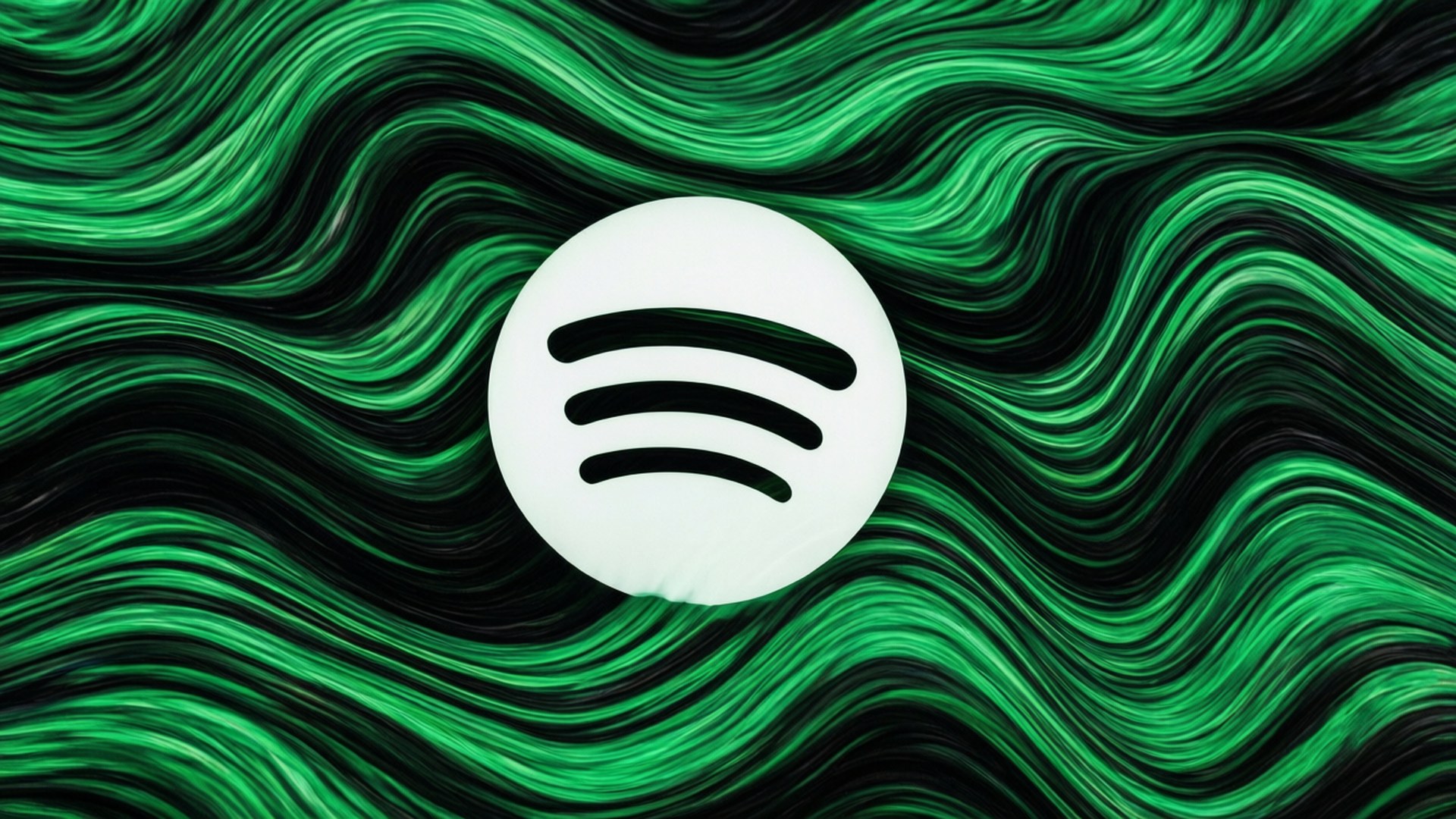 聲波鏤空設計 壁紙 — Spotify 標誌居中於動態綠色和黑色波浪抽象背景上。