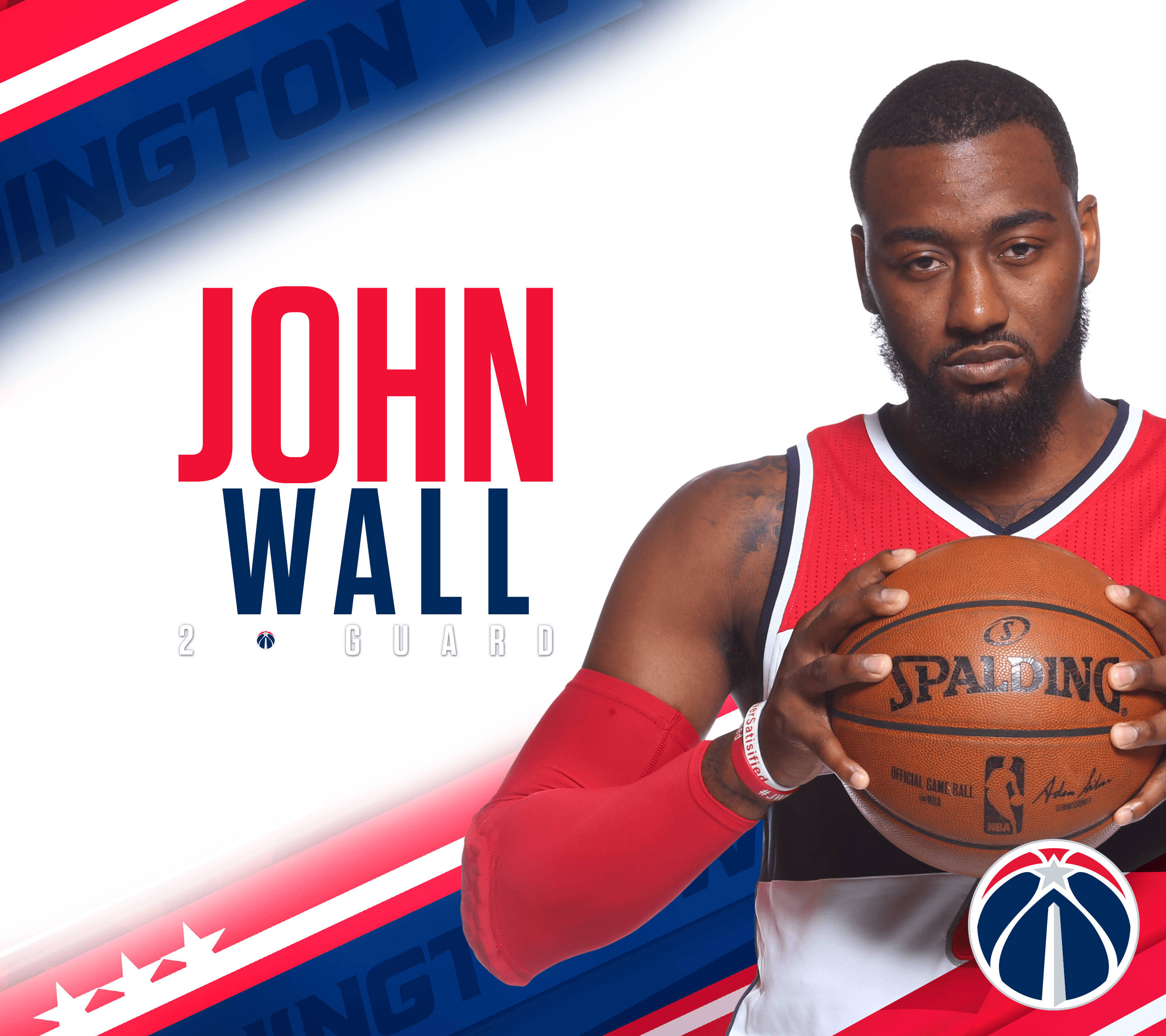 John Wall 桌布 壁紙 — 職業籃球運動員John Wall身穿華盛頓巫師隊球衣，在紅白藍圖形背景前手持Spalding籃球。