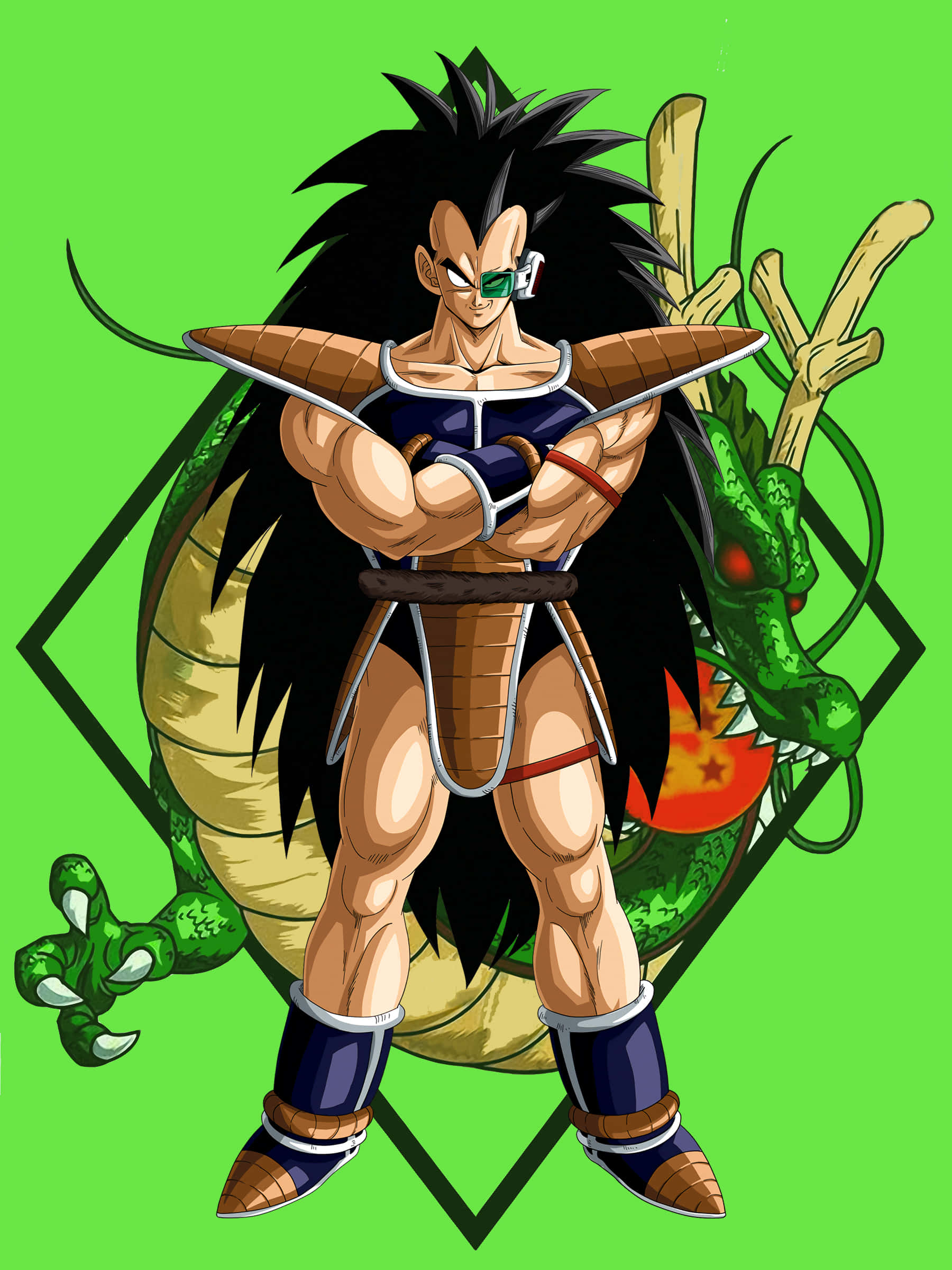 Raditz 桌布 壁紙 — 肌肉發達的動漫戰士，黑色刺蝟頭和綠色眼罩，自信地站在一條盤繞在鑽石框架中的綠色龍前。