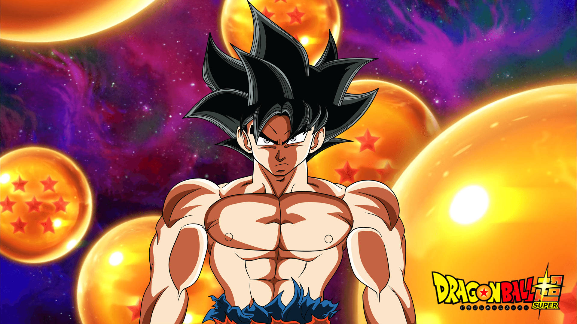 Ultra Instinct Goku 桌布 壁紙 — 肌肉發達的動漫戰士，黑色尖刺頭髮，在發光的橙色龍珠和旋轉的紫色星雲的宇宙背景下挑釁地站立。