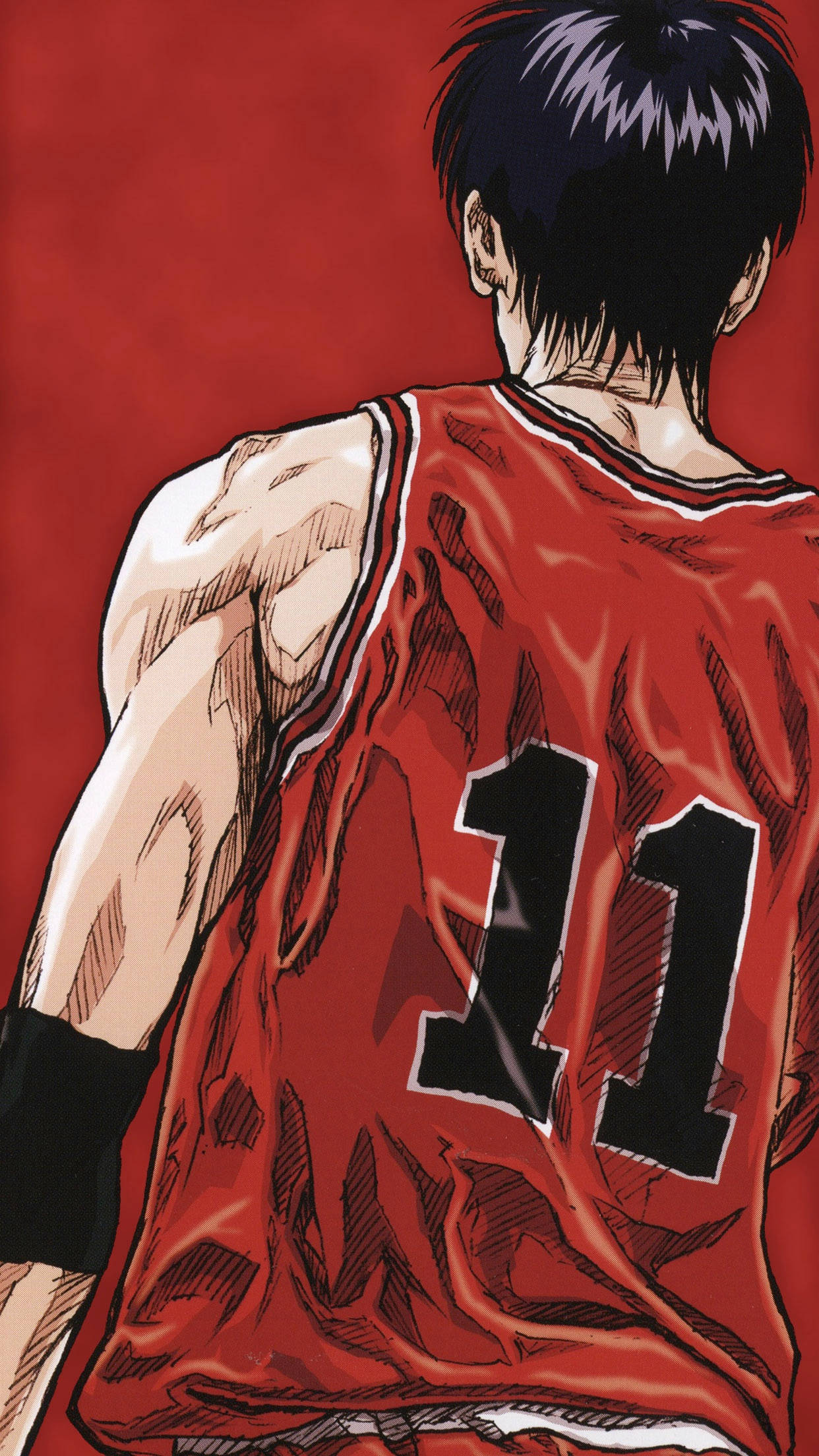 Slam 桌布 壁紙 — 肌肉發達的動漫籃球運動員身穿紅色11號球衣的背面，背景為純紅色。