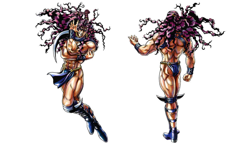 Jojo's Bizarre Adventure Kars 桌布 壁紙 — 肌肉發達的動漫角色，擁有狂野的紫色頭髮，以動態姿勢展示正面和背面。