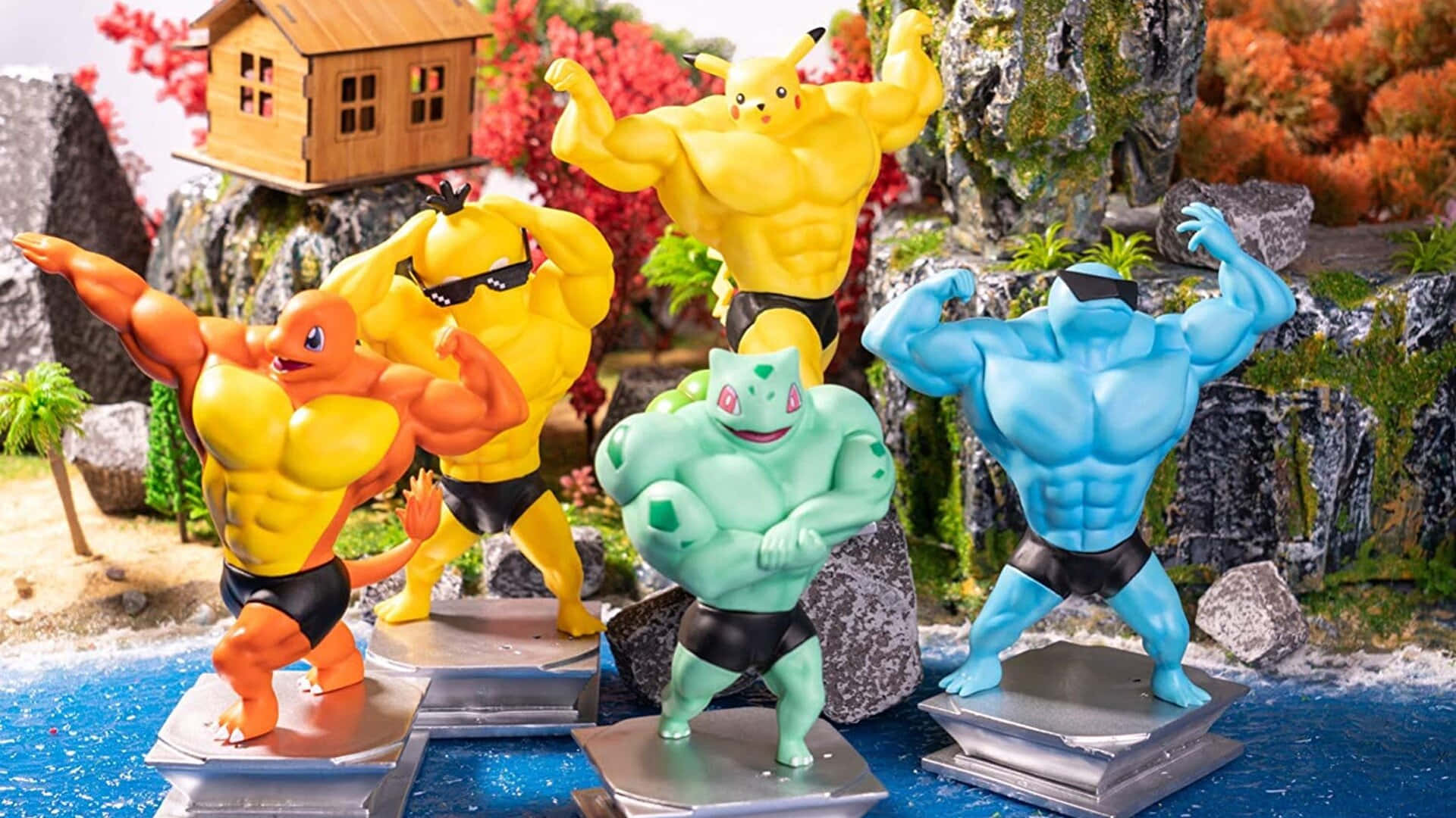 Pokemon Figures 桌布 壁紙 — 肌肉發達的寶可夢公仔在一個有細小房屋的微型岩石景觀中的基座上英雄地擺姿勢。