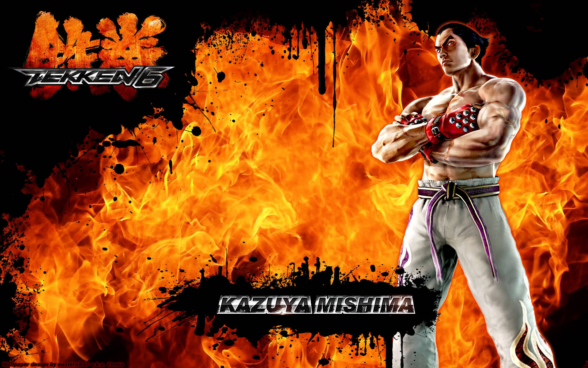 kazuya mishima 桌布 壁紙 — 肌肉發達的戰士 Kazuya Mishima 挑釁地站在咆哮的橙色火焰背景前，這是一張火熱的鐵拳6宣傳壁紙。