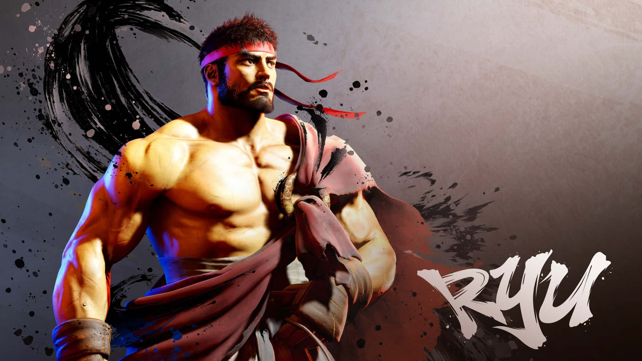 快打旋風 桌布 壁紙 — 肌肉發達的戰士 Ryu 以紅色頭帶和長袍擺出動態姿勢，背景為抽象墨水飛濺。