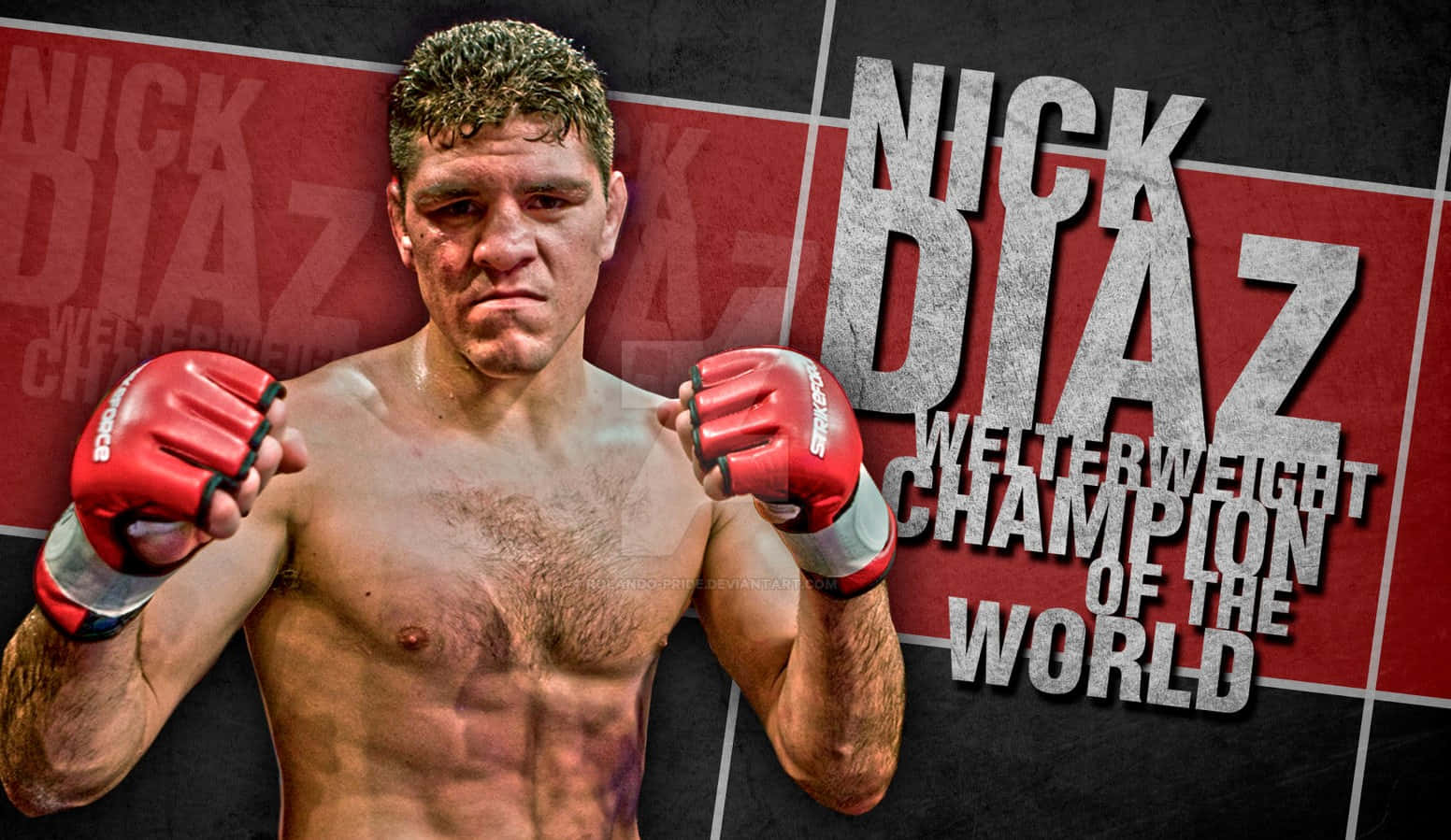 Champion 桌布 壁紙 — 肌肉發達的戰士Nick Diaz戴著紅色手套，在鮮明的紅黑背景前凝視，背景宣告他為次中量級冠軍。