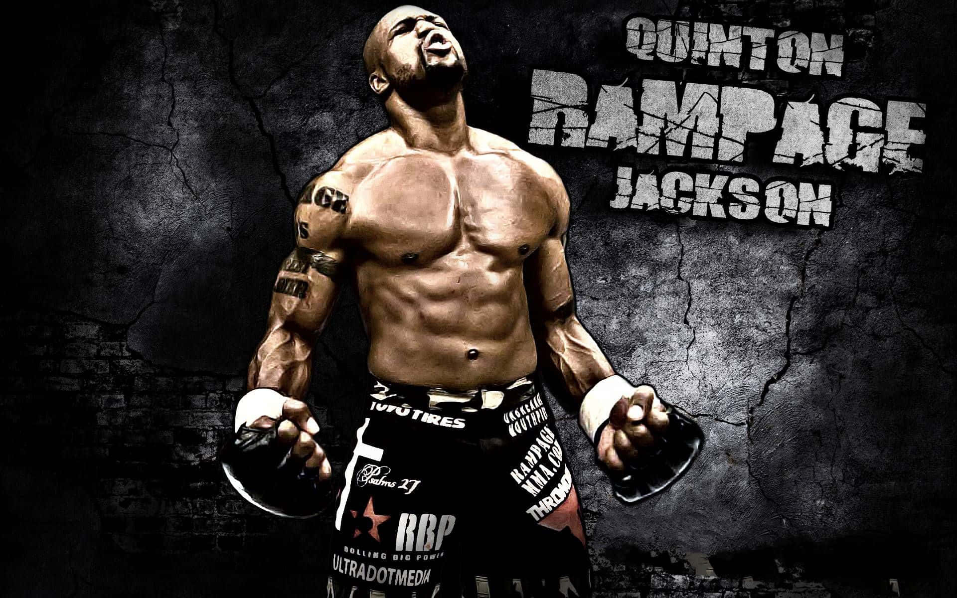 UFC 桌布 壁紙 — 肌肉發達的戰士Quinton Rampage Jackson身穿黑色和金色裝備，在破裂的混凝土牆背景下發出勝利的咆哮。