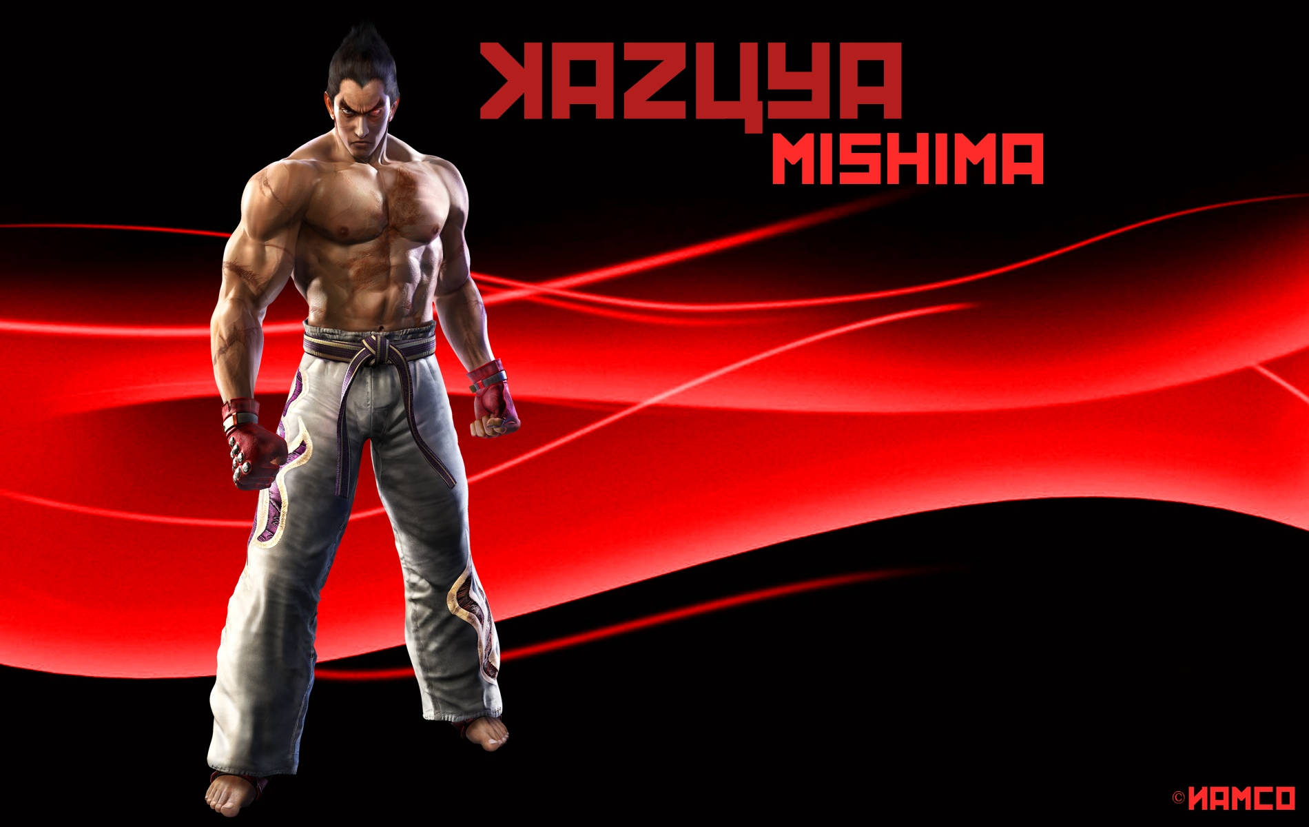 kazuya mishima 桌布 壁紙 — 肌肉發達的戰士三島一八以戰鬥姿勢站立，背景是流動的紅色能量，他的名字以粗體紅色文字顯示。