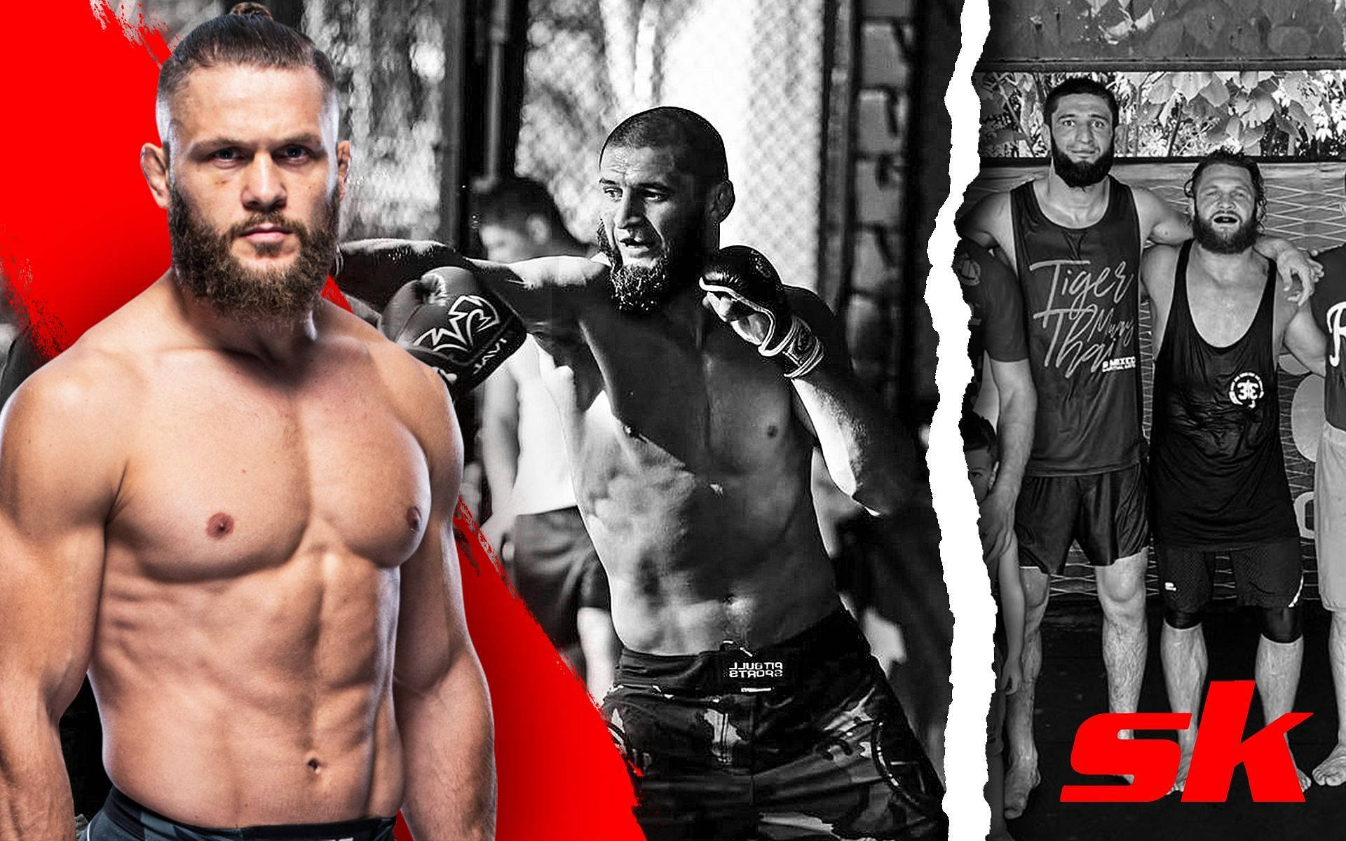 UFC 桌布 壁紙 — 肌肉發達的戰士穿著健身裝備，在鮮明的紅色和黑色背景上，帶有撕裂紙張效果，擺出強烈的姿勢。