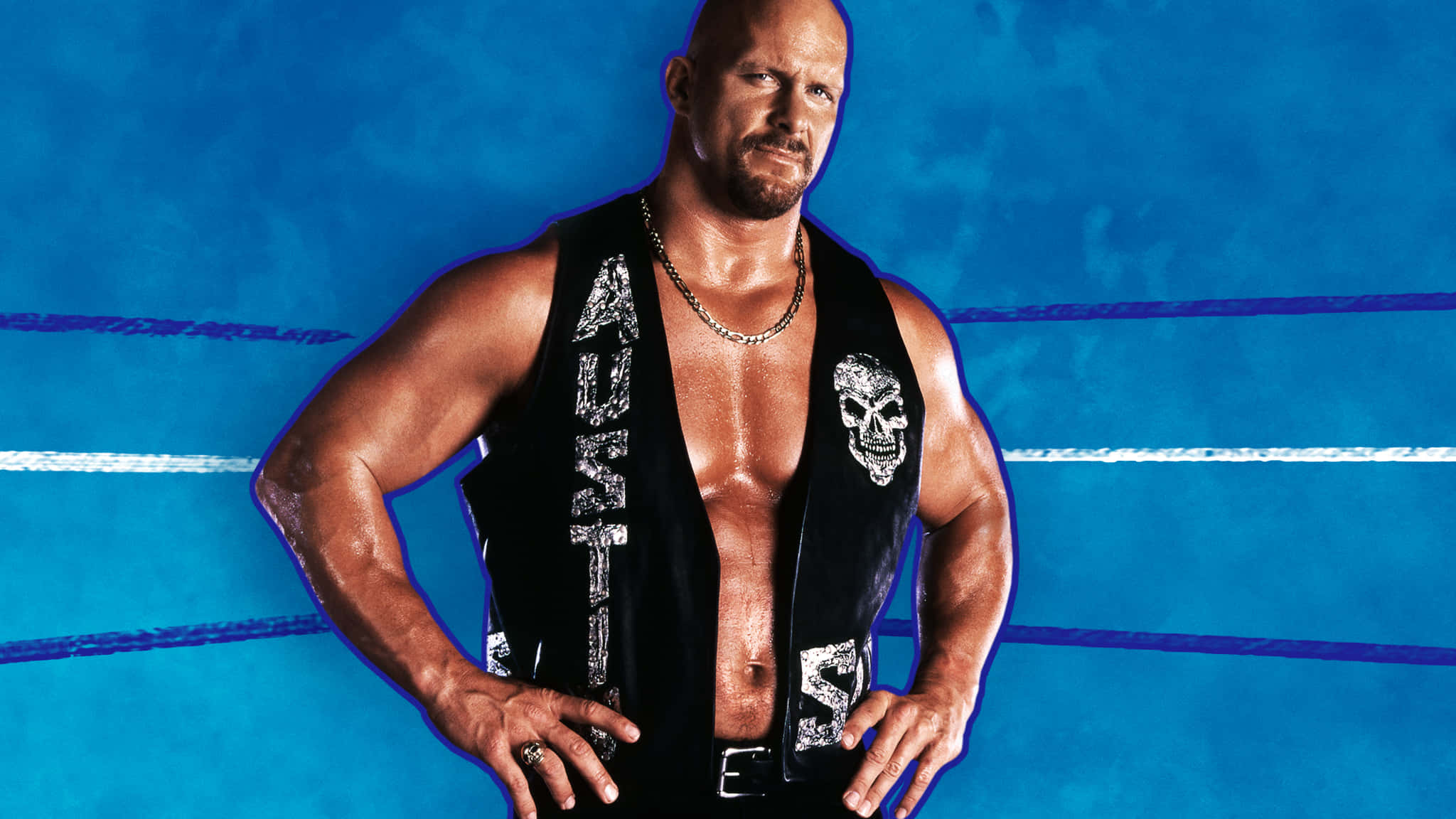 WWE 桌布 壁紙 — 肌肉發達的摔角手 Austin 自信地站在一個有白色繩索的藍色擂台上，穿著一件帶有骷髏頭和名字刺繡的黑色背心。