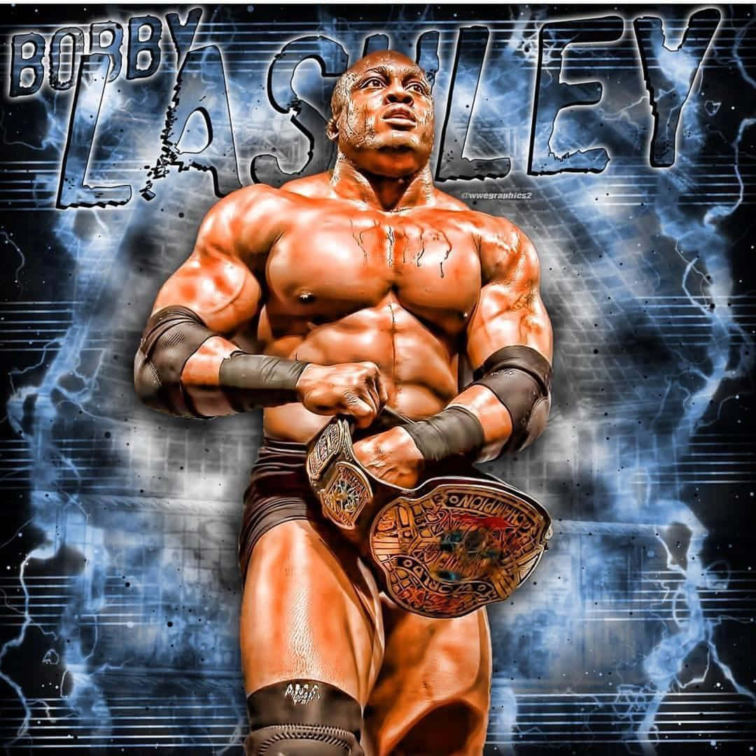 Fight 桌布 壁紙 — 肌肉發達的摔角手 Bobby Lashley 在暴風雨般的藍色閃電背景下強而有力地舉著冠軍腰帶。