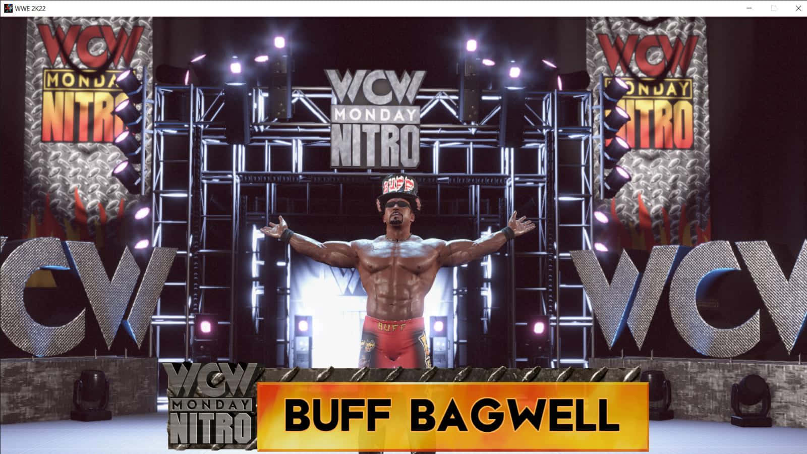 摔角 桌布 壁紙 — 肌肉發達的摔角手 Buff Bagwell 在明亮的聚光燈下，雙臂伸展，勝利地站在 WCW Monday Nitro 舞台上。