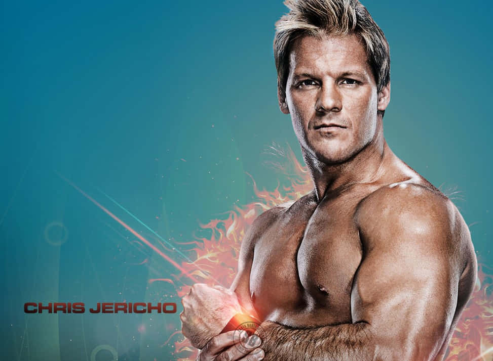 WWE 桌布 壁紙 — 肌肉發達的摔角手 Chris Jericho 在青綠色背景前緊握拳頭，散發出熾熱能量，眼神凌厲。
