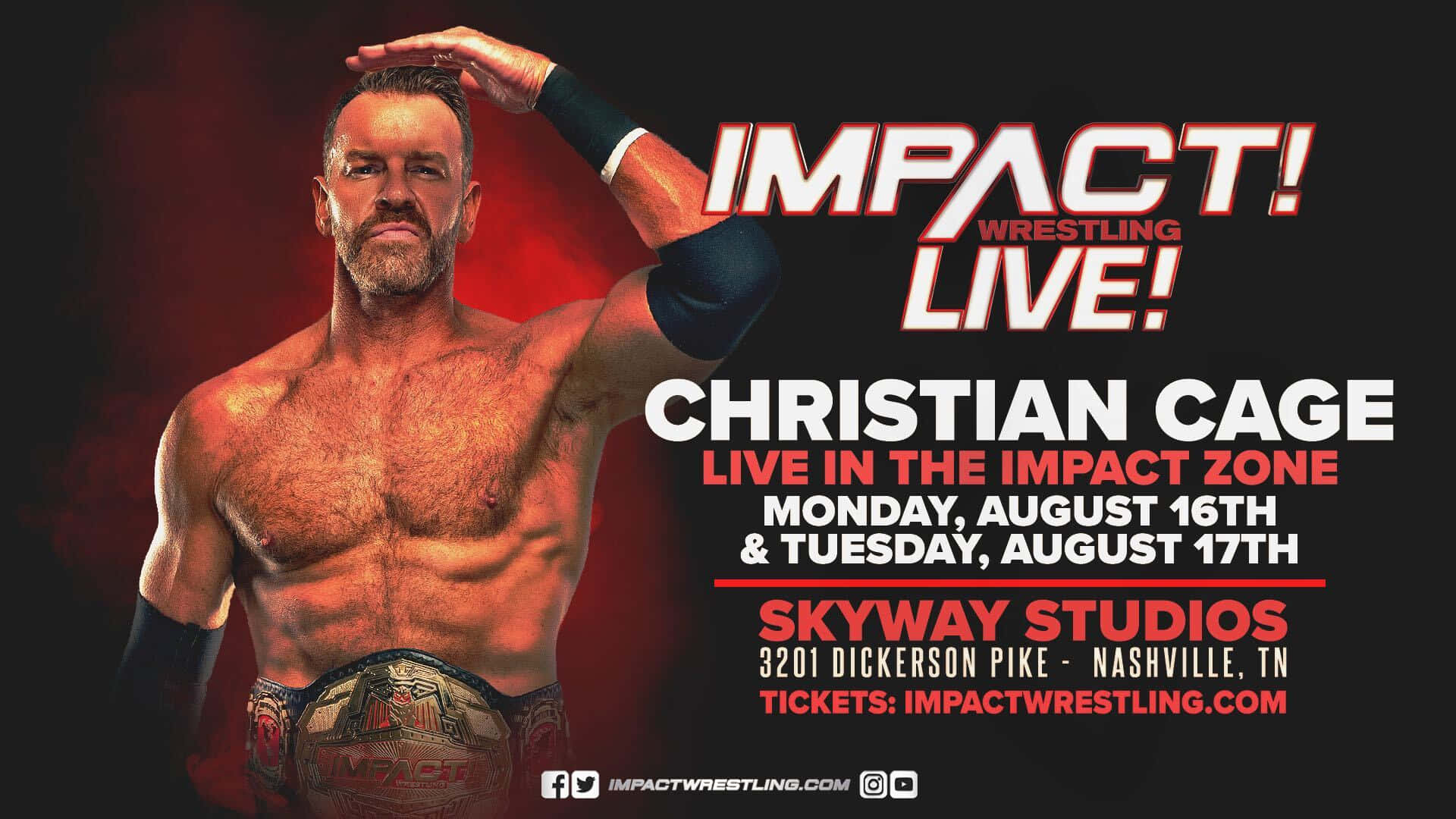 電腦 桌布 壁紙 — 肌肉發達的摔角手 Christian Cage 自信地展示冠軍腰帶，背景是火紅色的活動詳情。