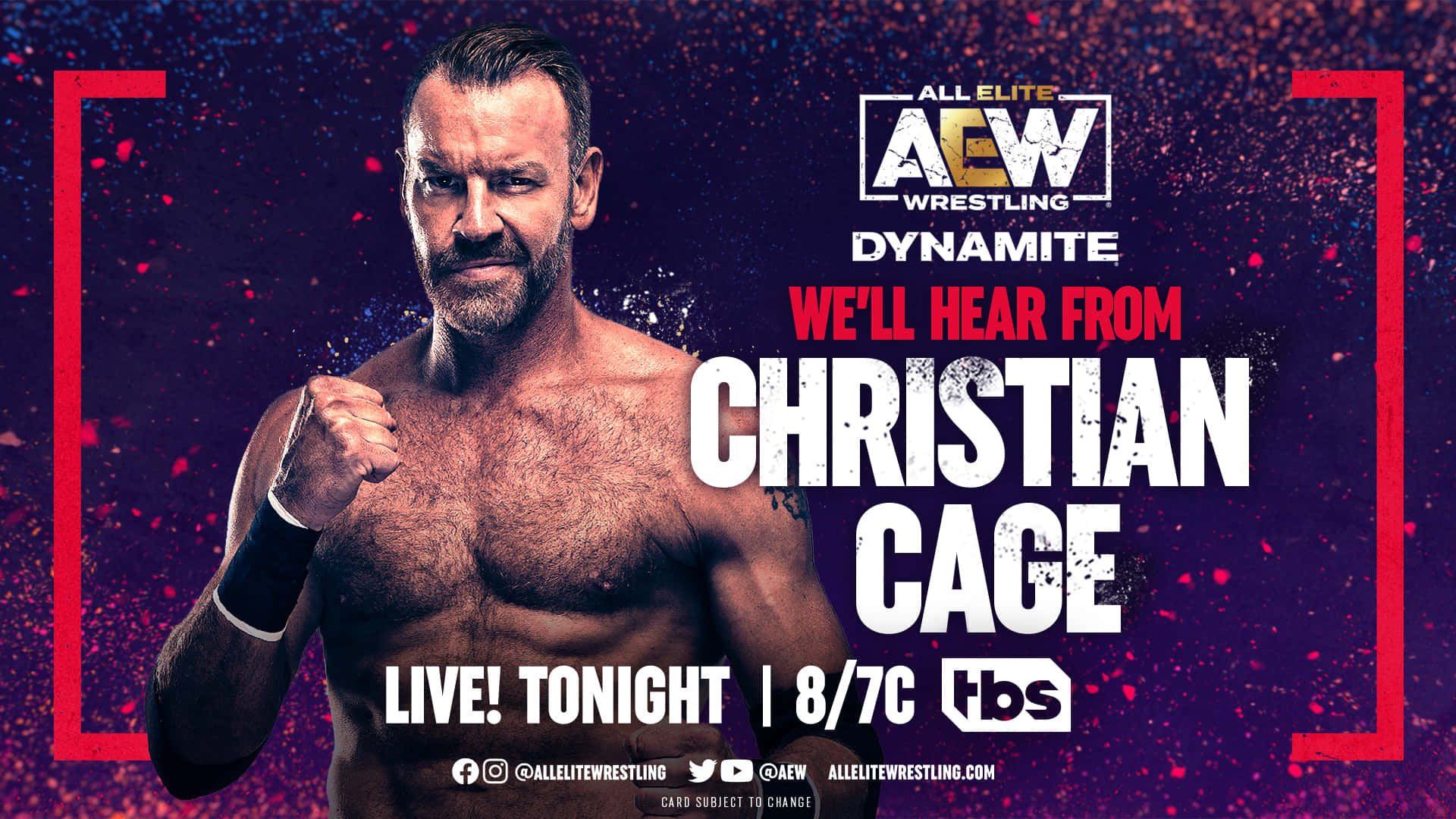 WWE Nxt 桌布 壁紙 — 肌肉發達的摔角手 Christian Cage 在充滿活力的紫色和紅色潑濺背景下，緊握拳頭，凝視著。