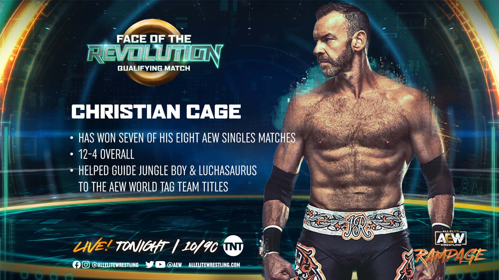 iPhone 桌布 壁紙 — 肌肉發達的摔角手 Christian Cage 自信地站在一個充滿未來感的摔角場館中，周圍有發光的霓虹燈和宣傳文字。
