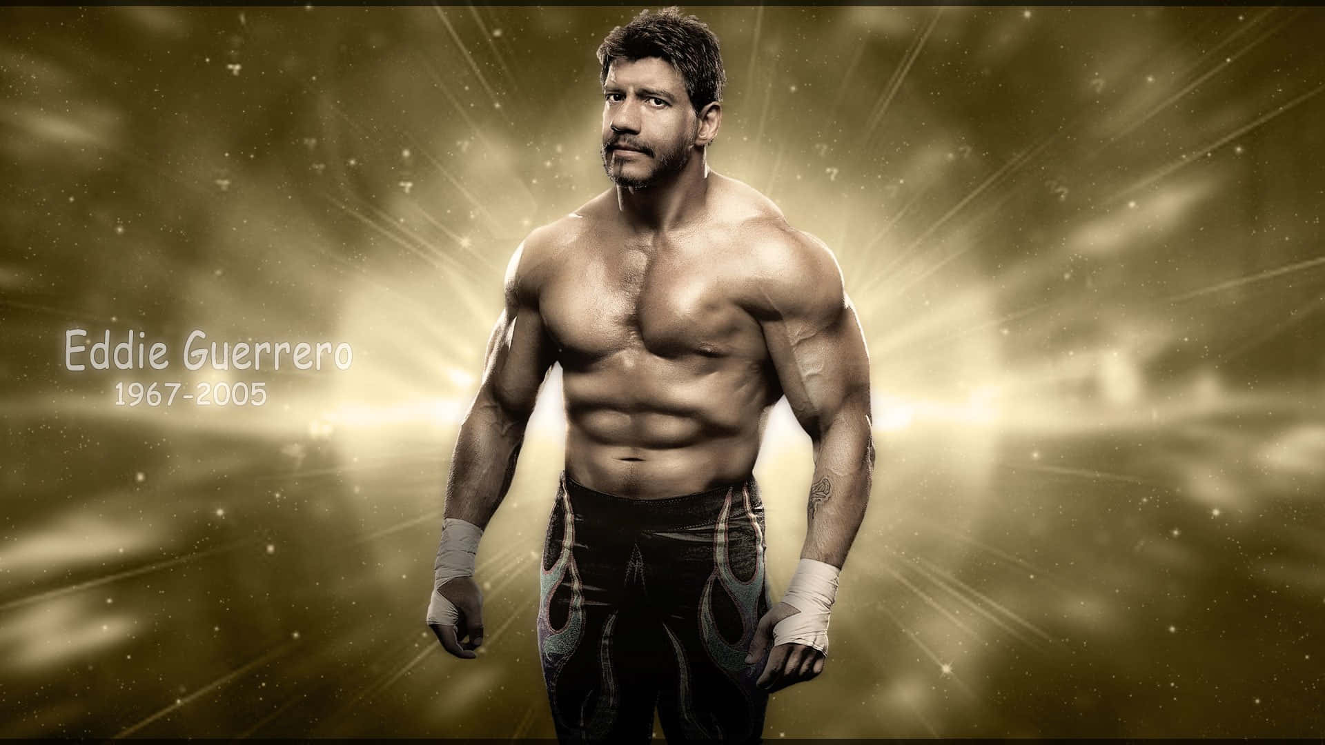 摔角 桌布 壁紙 — 肌肉發達的摔角手 Eddie Guerrero 自信地站在閃耀的金色背景前，帶有星爆光效。