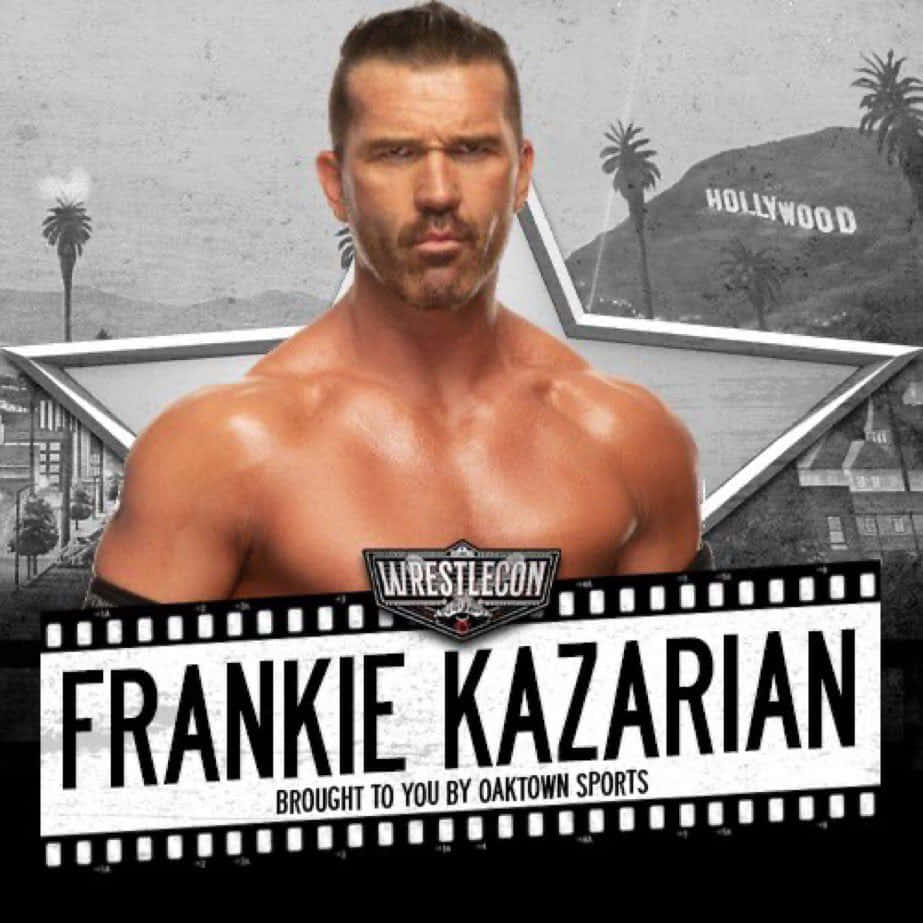 poster 桌布 壁紙 — 肌肉發達的摔角手 Frankie Kazarian 在好萊塢背景下，被星星和膠片條框住，凝視著鏡頭。